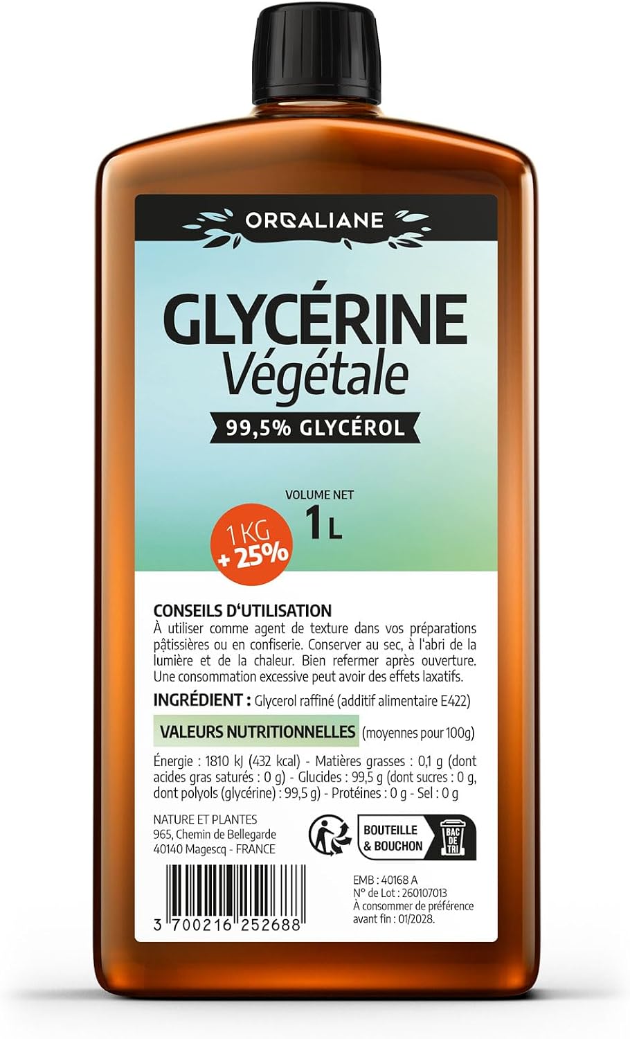 Detalle de Orgaliane Glycérine Végétale 1,25 kg, 100 % végétale et alimentaire