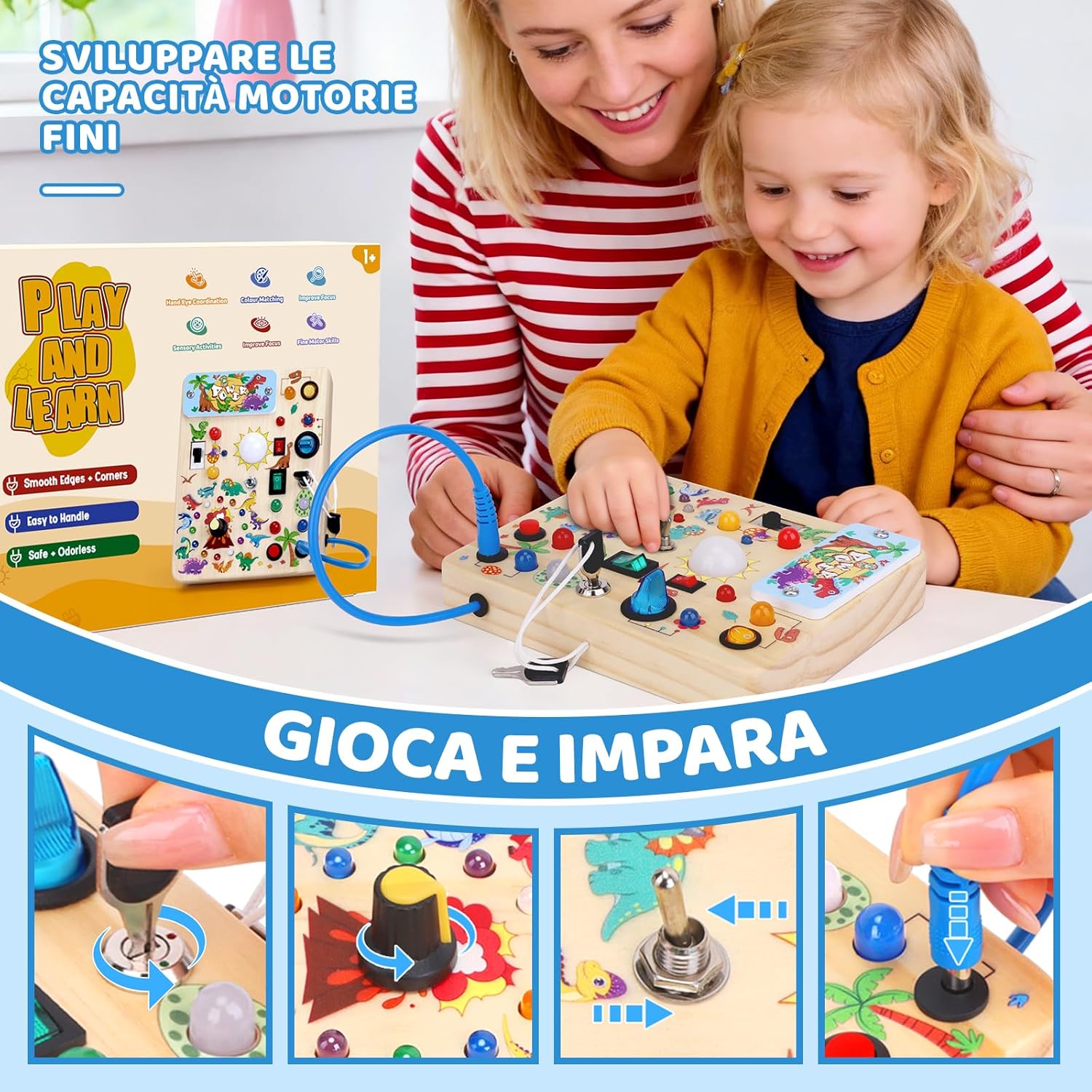 Thumbnail 2 de Konijiwa Dinosaur Busy Board Montessori in legno con 10 interruttori e 23 luci LED (da 1 anno)