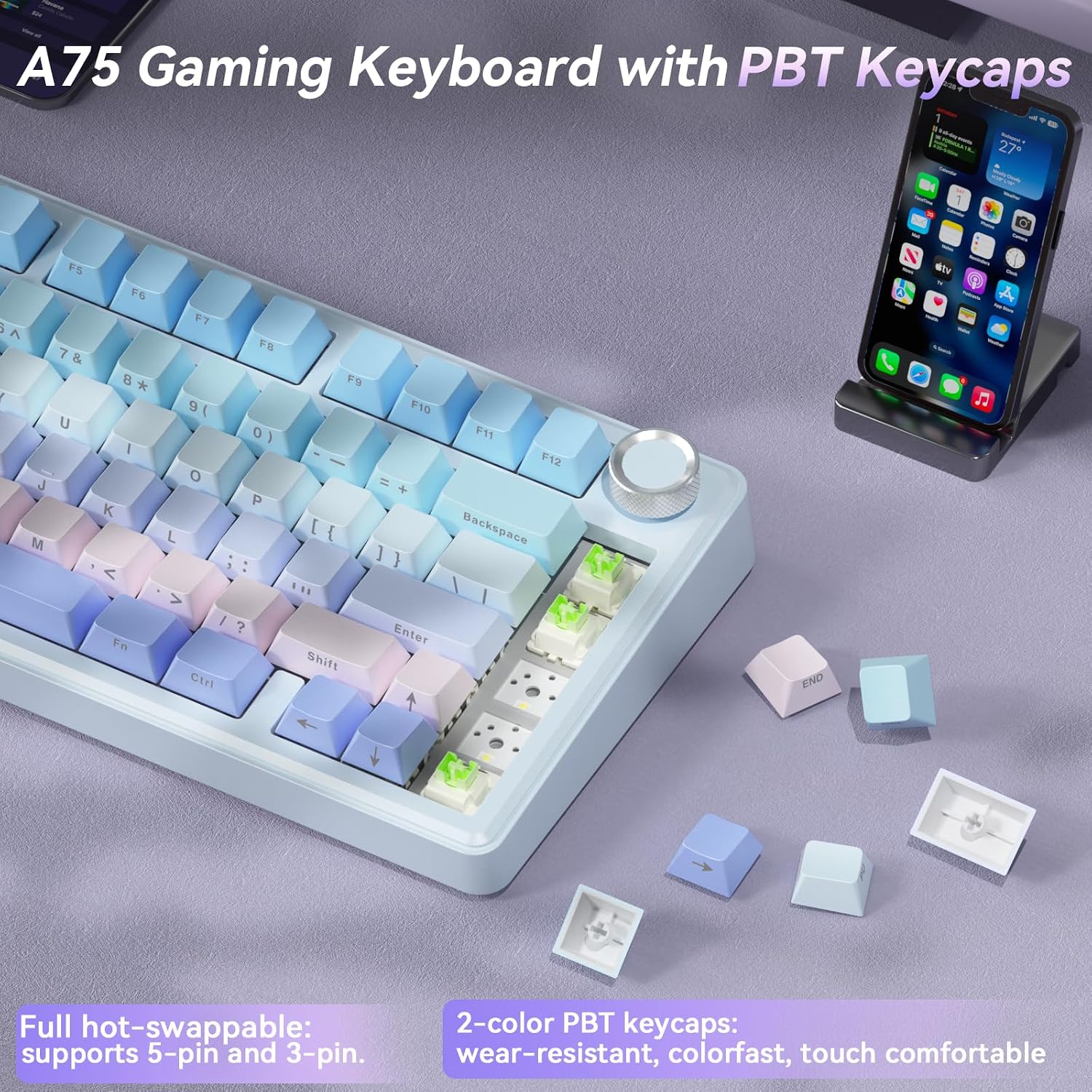 Detalle 2 de SOLAKAKA A75-Gradient-BluePurple 75% Wireless Mechanical Keyboard, RGB, Hot-Swappable