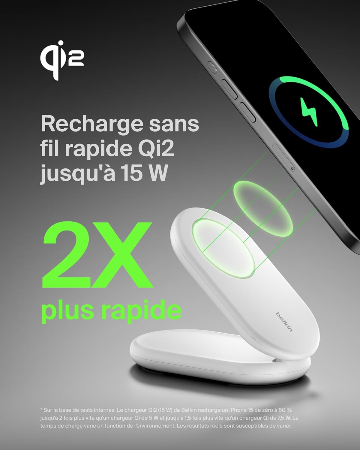 Detalle de Belkin BoostCharge Socle de Recharge Qi2 avec Support Pliable — 15 W, MagSafe compatible (iPhone 16/15/14/13) – Blanc