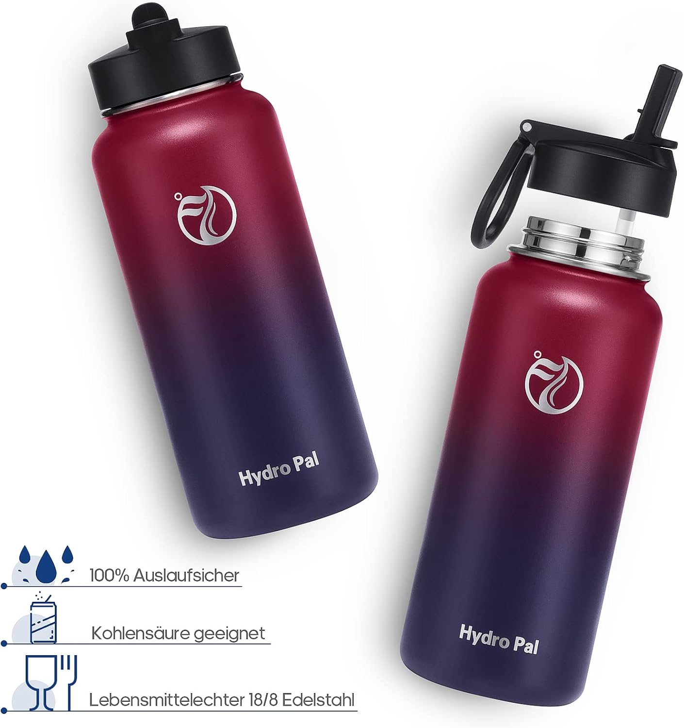 Detalle de HydroPal Edelstahl-Trinkflasche (500 ml bis 1,9 L) mit Strohhalm & 2 Deckeln, BPA-frei, kohlensäuregeeignet