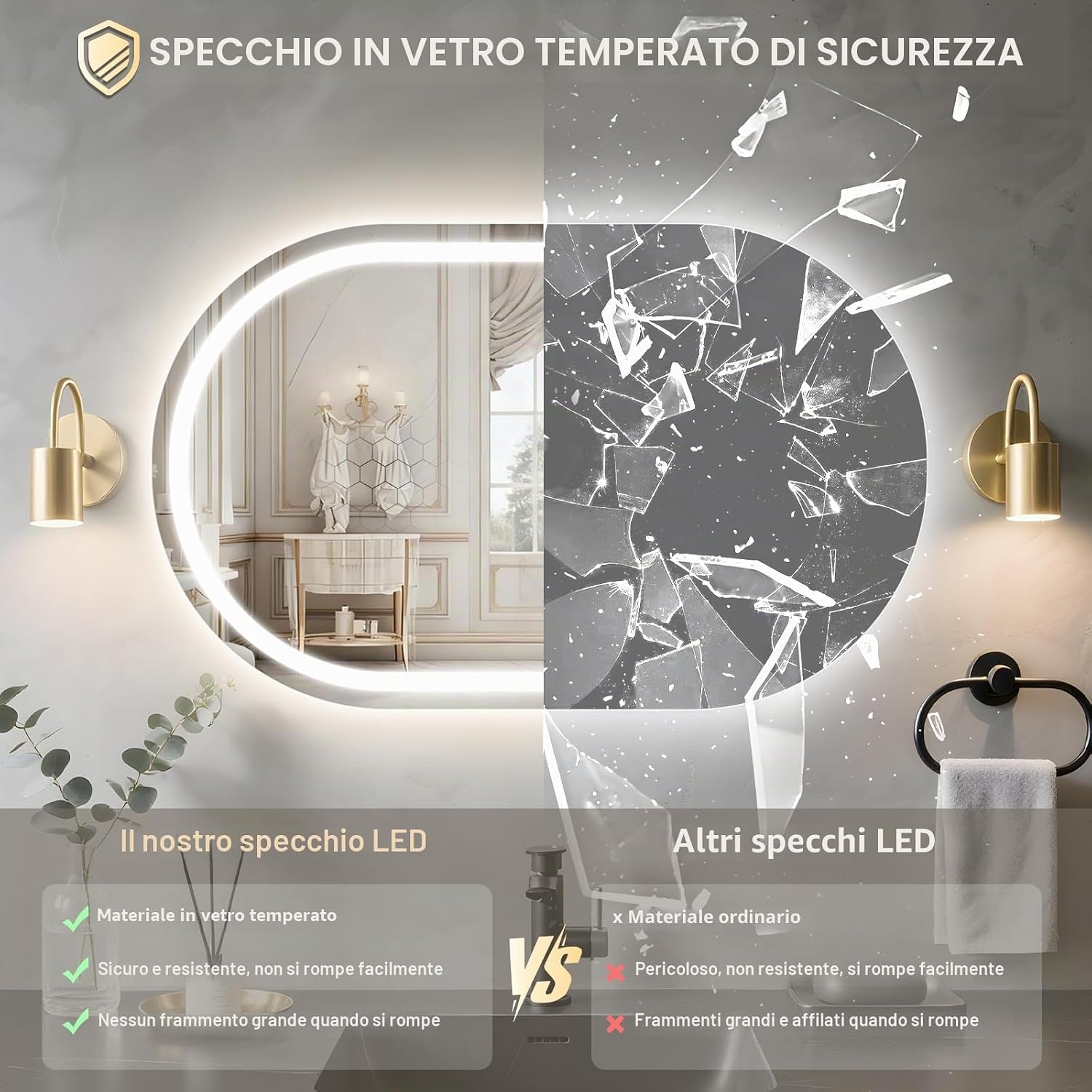 Thumbnail 4 de PINNIP Specchio Bagno con Luce LED Ovale da Parete 80 x 50 cm – Antiappannamento, Dimmerabile e Vetro Temperato