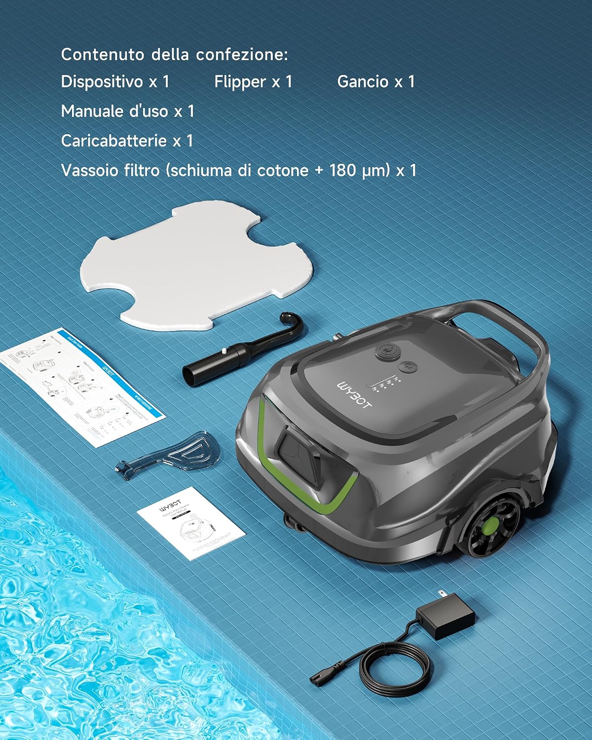 Thumbnail 6 de WYBOT A1/OS2010 — Robot Piscina senza fili per manutenzione profonda, 100 m², doppia turbina e 120 minuti di autonomia (Verde Salvia)