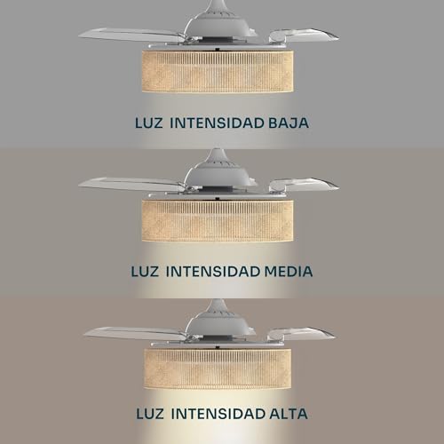 Detalle de Mellerware Brizy Bright: ventilador de techo con luz y lámpara bronce rattan sand, 3 aspas, 106 cm