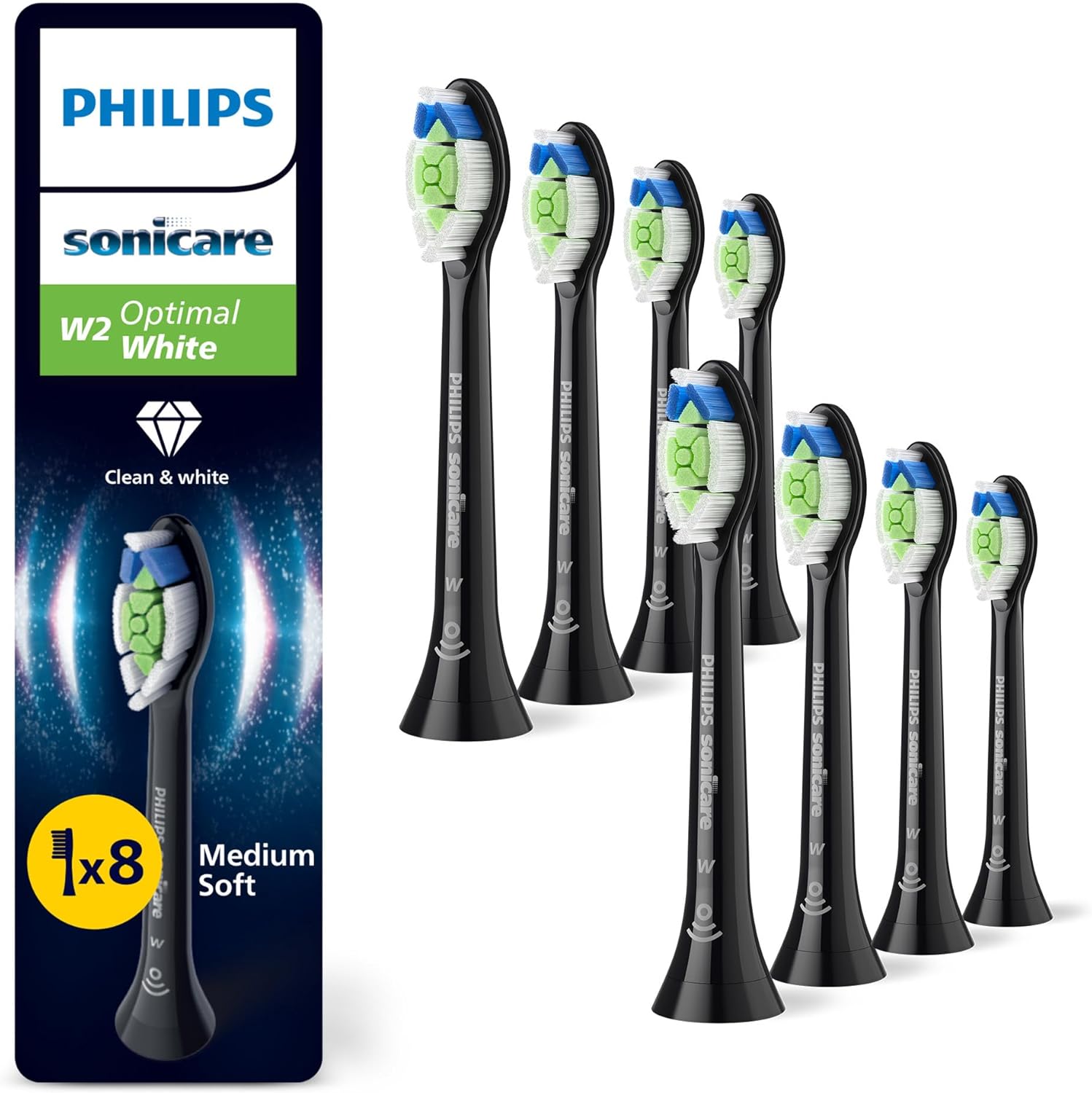 Detalle de PHILIPS Sonicare W2 Optimal White: 8 testine di ricambio originali, nero (HX6068/88) per una pulizia sbiancante quotidiana
