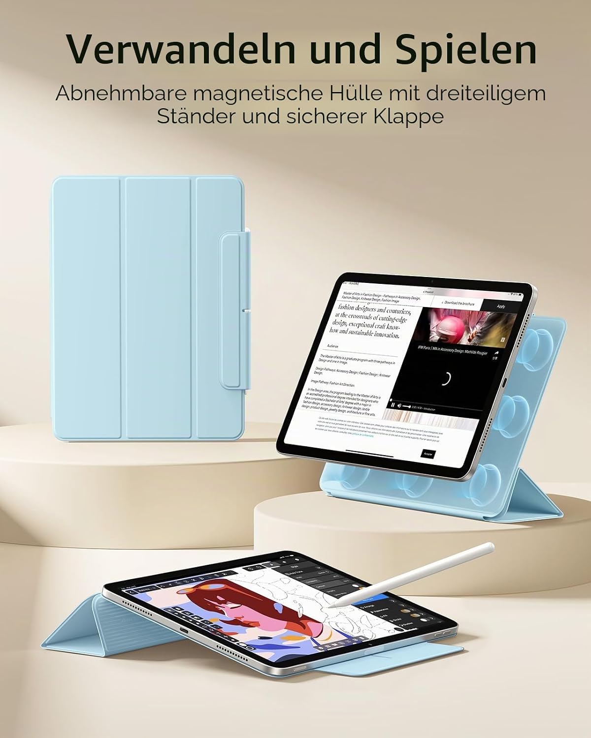 Detalle de ESR Hülle für iPad Air 11 Zoll (M4/M3/M2) – Starke Magnetbefestigung, Trifold-Ständer, helles Blau