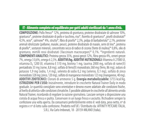 Detalle de Trainer Natural Sterilised Adult con Salmone e Fibra di Pisello 3 Kg – alimentazione equilibrata per animali sterilizzati