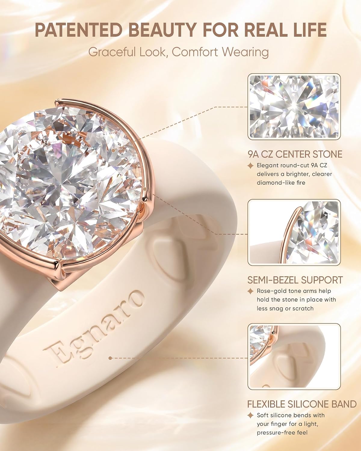Detalle 2 de Egnaro Silicone Ring with 9A-Grade Cubic Zirconia