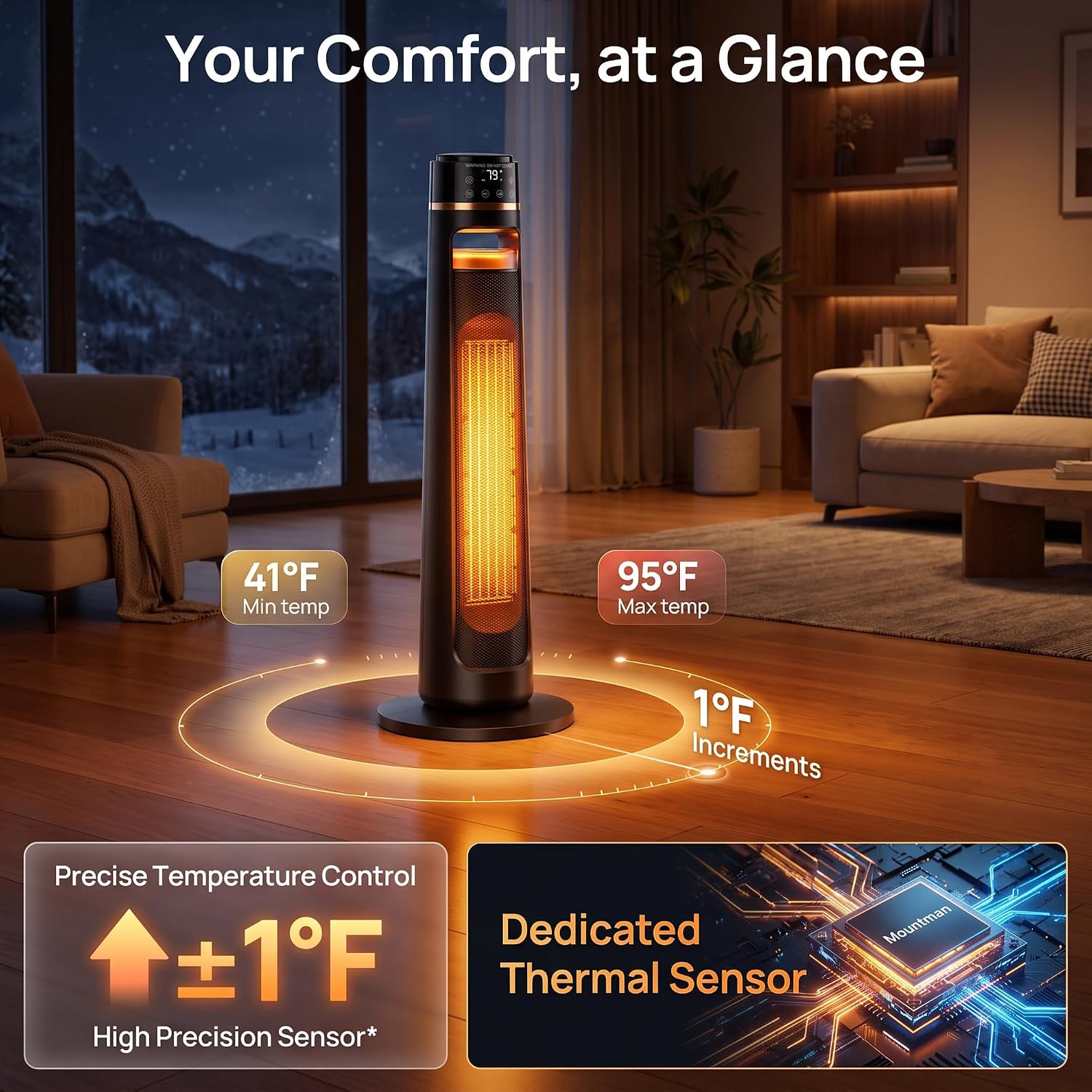 Thumbnail 6 de Mountman QN24807R 1500W Tower Space Heater with 120° Oscillation and Remote