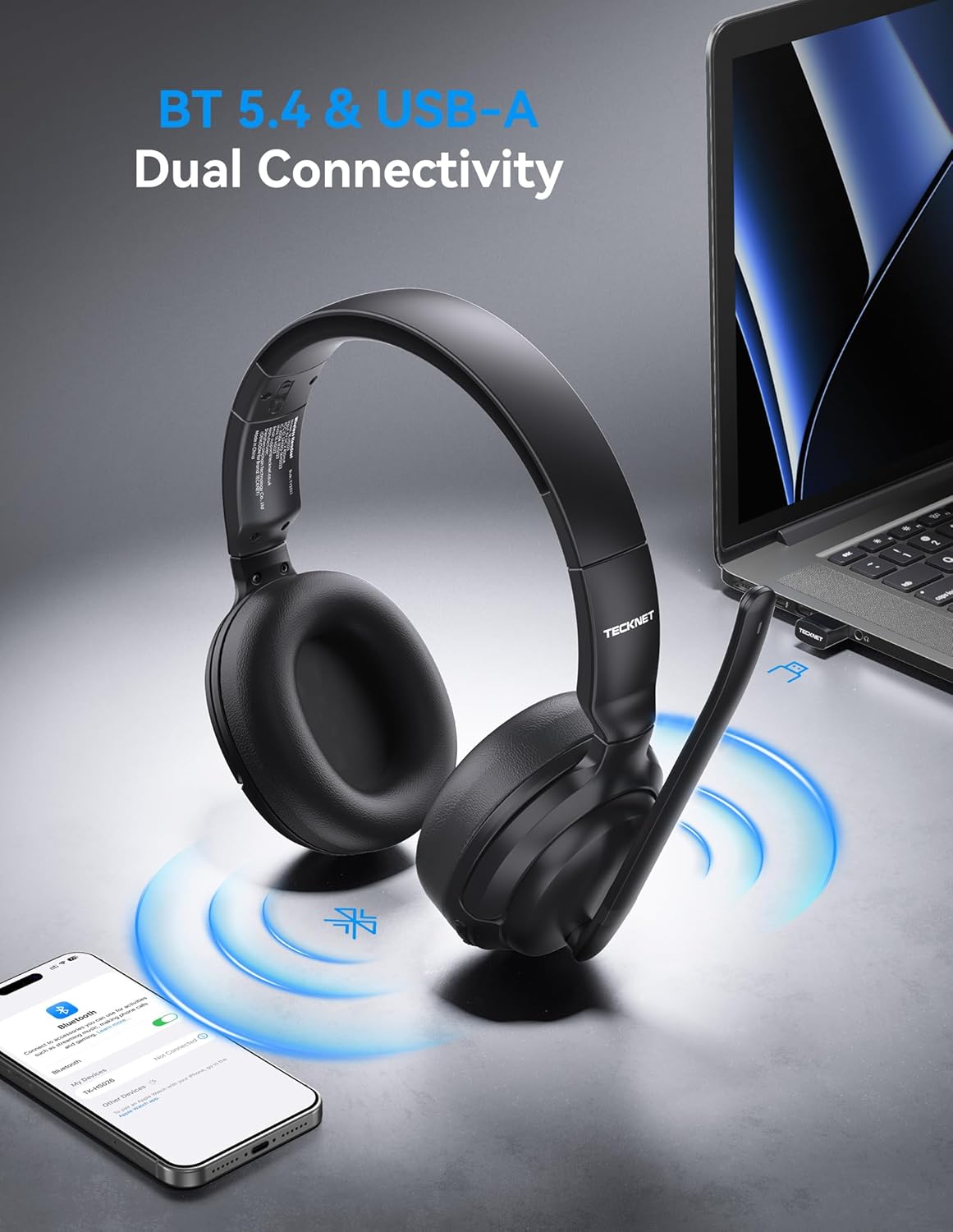 Detalle de TECKNET 5.4 Bluetooth Headphones Over Ear with Dual Connection, 65H Battery and 2-in-1 Mono/Stereo