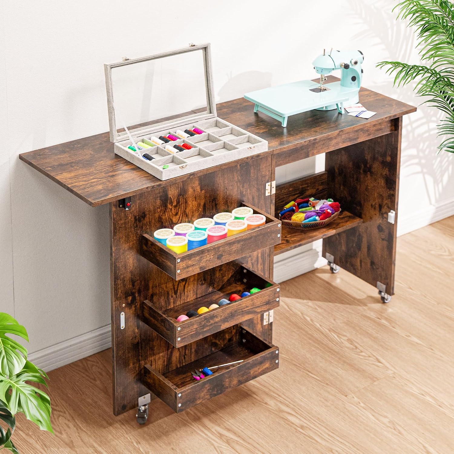Thumbnail 6 de VIVOHOME VH1080-BR Folding Sewing Table with Storage, Rustic Brown