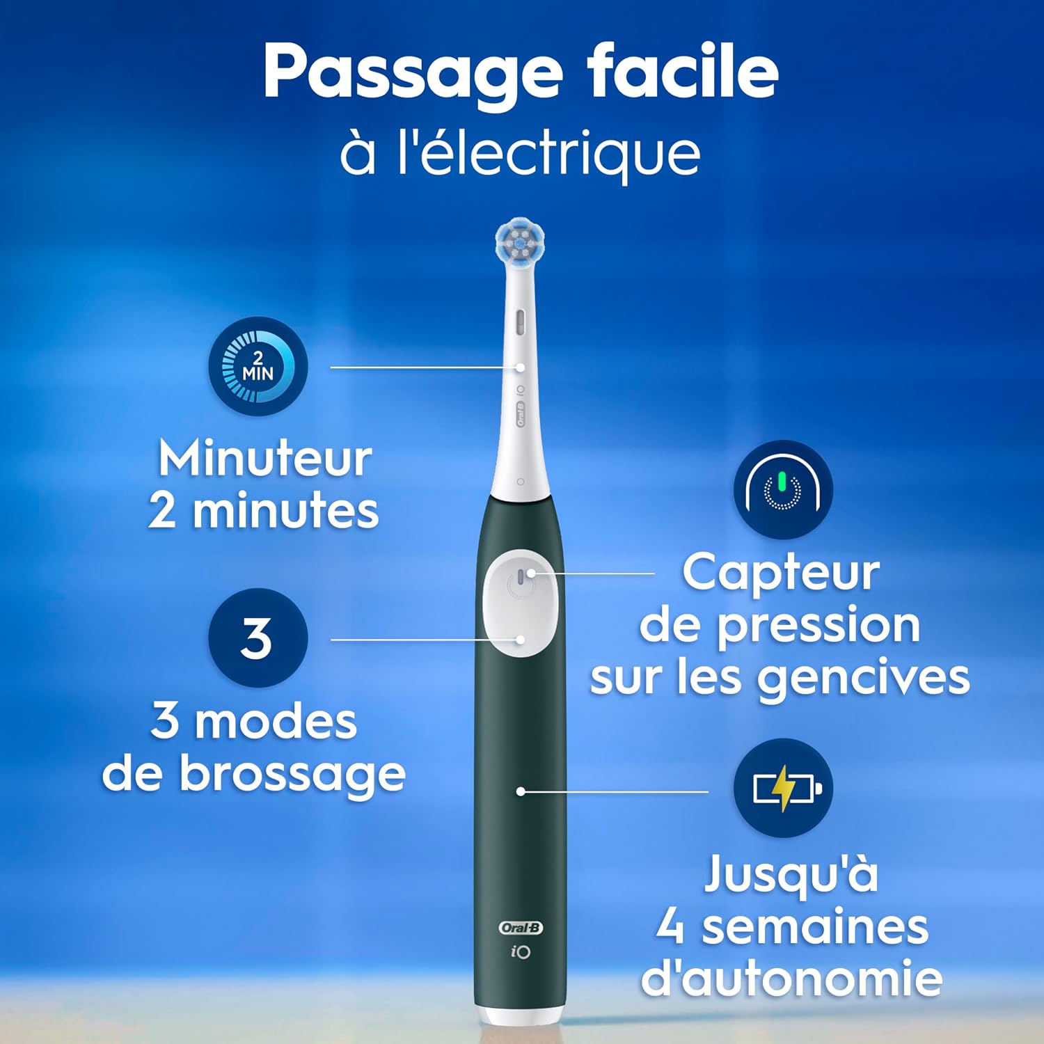 Detalle de Oral-B iO 2 brosse à dents électrique verte Forêt : 3 modes, capteur de pression et minuteur 2 minutes