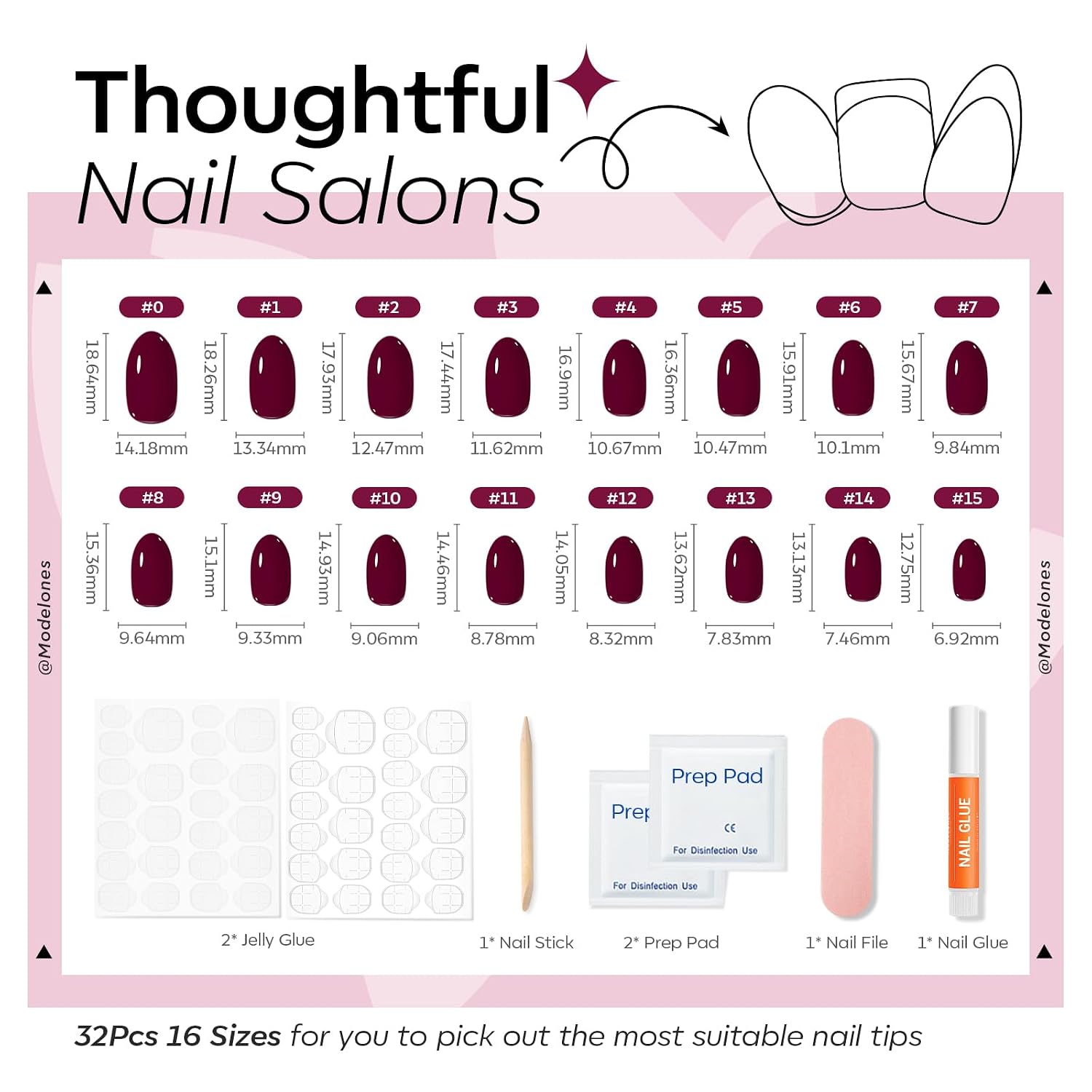 Detalle 2 de modelones Short Oval Press-On Nails, Burgundy, 32-Piece Kit with Glue and Tabs