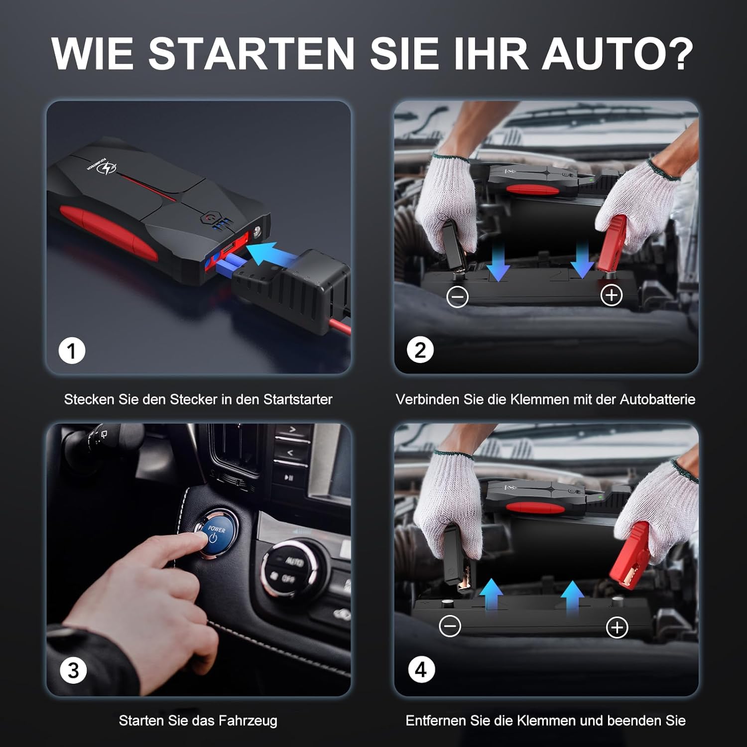 Thumbnail 5 de FLYLINKTECH Starthilfe Powerbank für Pkw 4000A, 12V Tragbare Auto Starthilfe（Bis zu 9L Benzin/8.5L Diesel, IP67 Wasserdicht Starter Powerbank mit Starthilfekabel, LED, USB-Ausgang und USB-C-Eingang
FLYLINKTECH Starthilfe Powerbank für Pkw 4000…