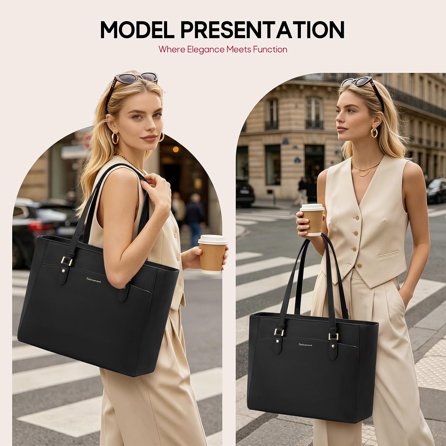 Detalle 2 de RAINSMORE Large Tote Bag for Women: Waterproof PU Leather, 14-Inch Laptop Compartment, Everyday Use