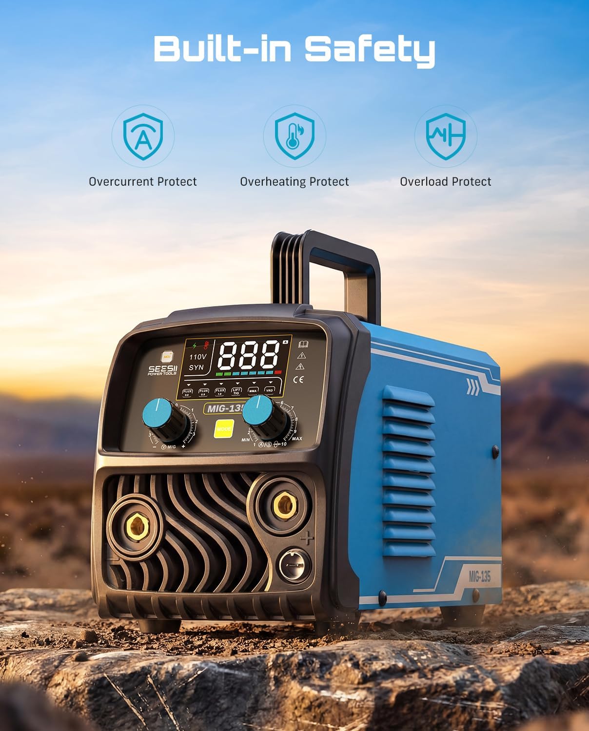 Detalle 2 de SEESII 135A MIG Welder (110V) — 3-in-1 Gasless Flux Core, Lift TIG, and Stick Welding Machine