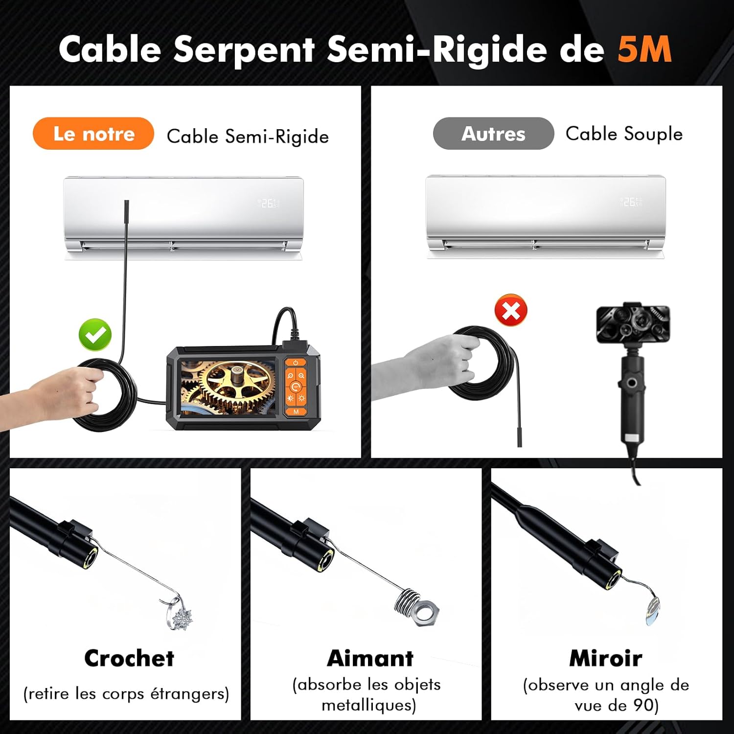 Thumbnail 6 de iWarmbase Caméra endoscopique 4,3" 1080 HD avec 8 LED réglables, câble semi-rigide 5 m, IP67, batterie 2600 mAh