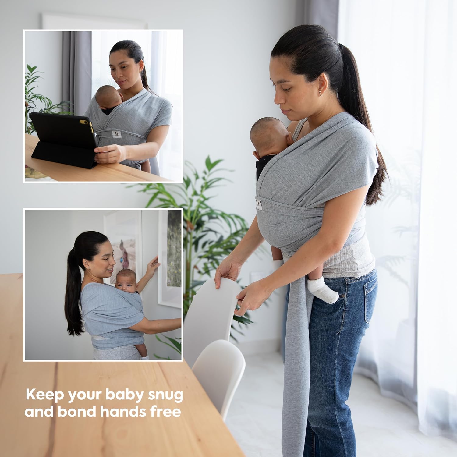Detalle 2 de ELDOMA Baby Wrap Carrier (Classic Grey) – Lightweight, breathable hands-free baby sling