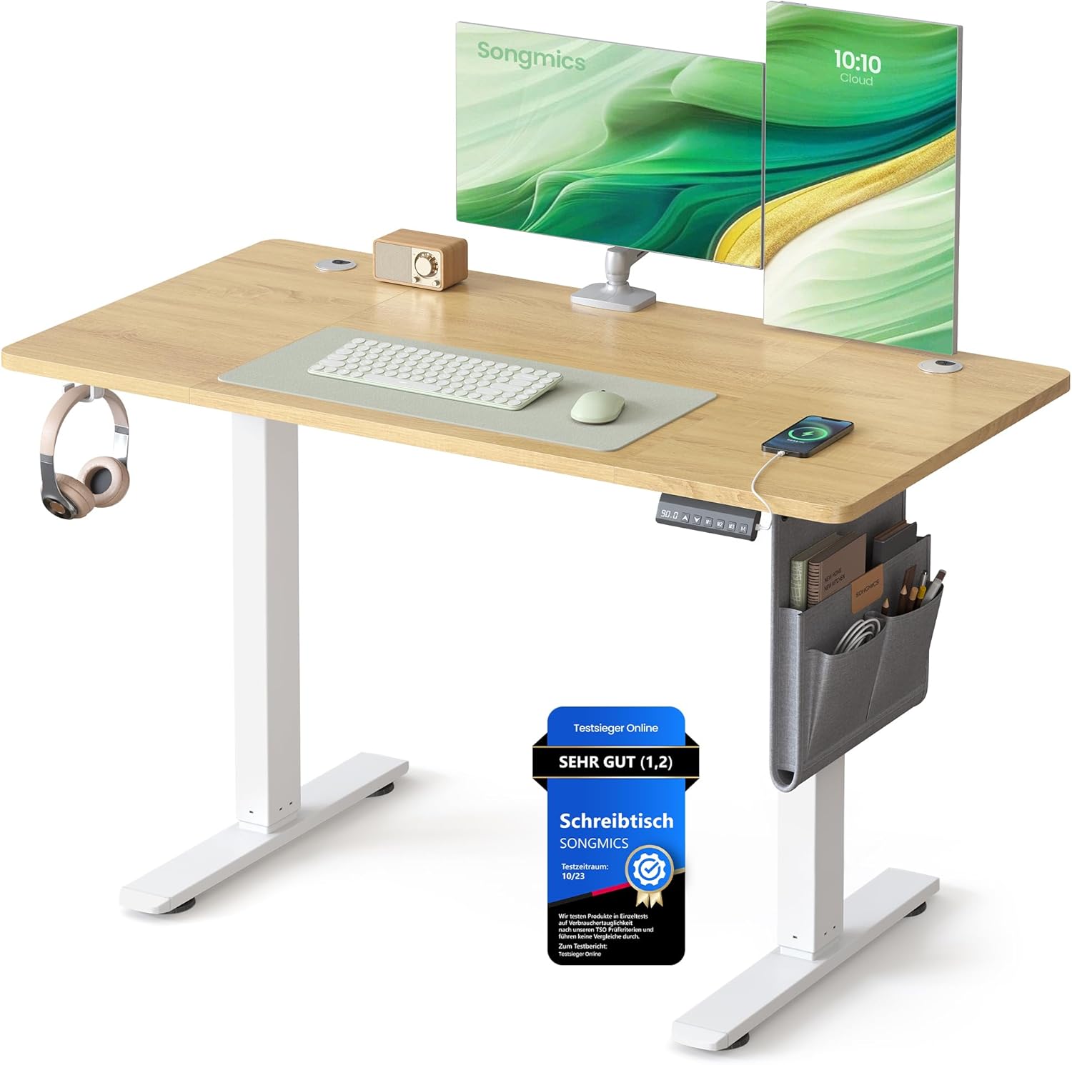 SONGMICS elektrisch höhenverstellbarer Schreibtisch LSD015W02, 120 x 60 cm stufenlos, mit Memory-Funktion