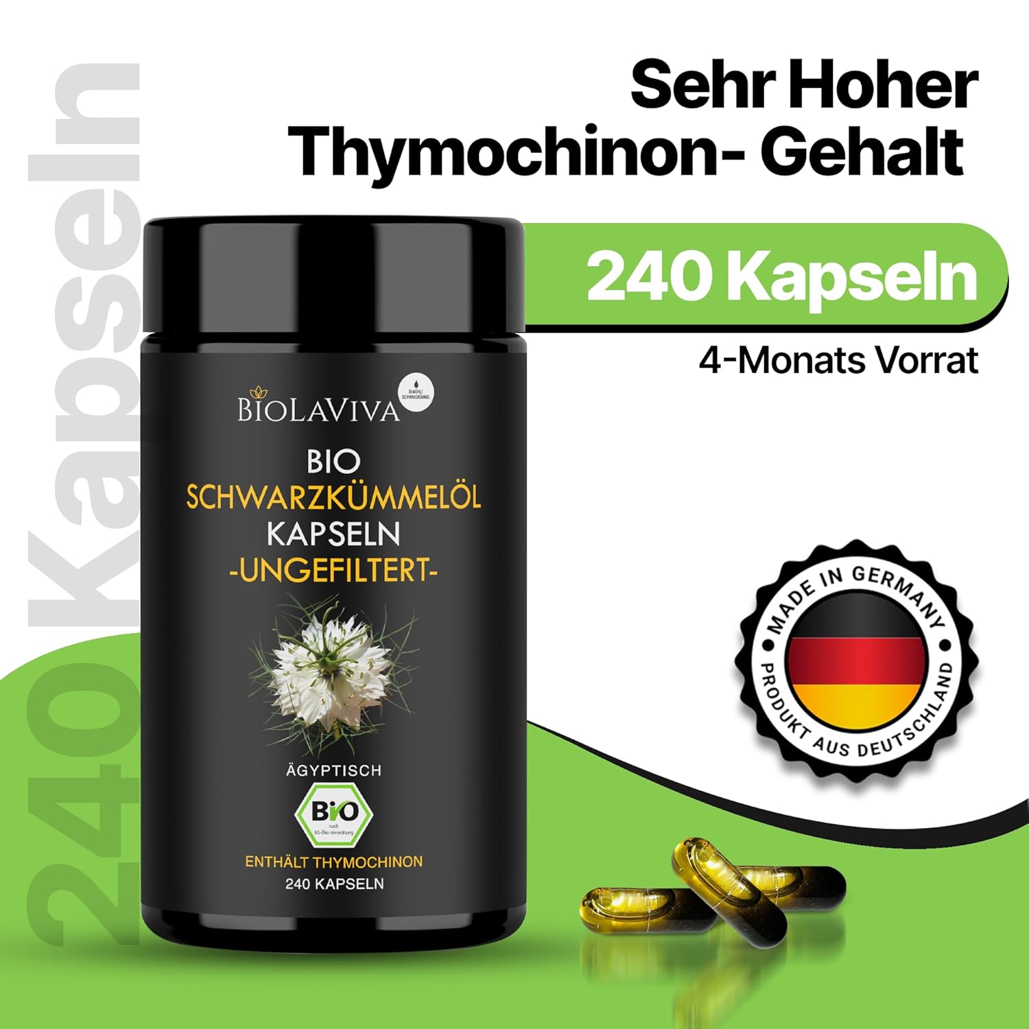 Thumbnail 1 de Premium BIO Schwarzkümmelöl Kapseln (ungefiltert) – reich an Thymochinon, 240 vegane Kapseln im lichtgeschützten Violettglas