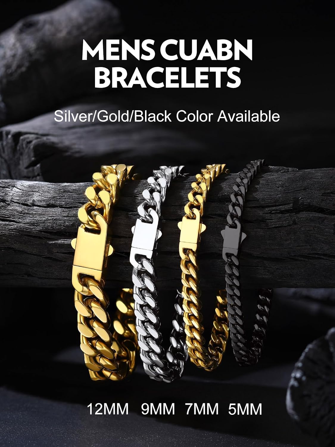 Thumbnail 6 de Bandmax Bracelet Homme Acier Inoxydable – Style Cuban Miami en Versions Argent/Noir/Or, Longueur 19–23 cm