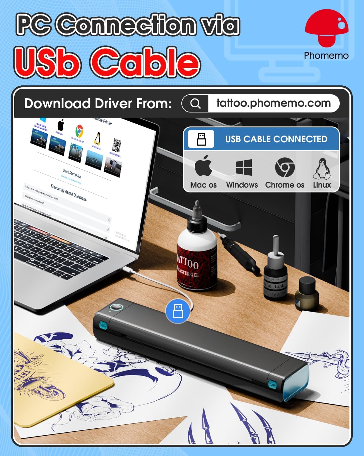 Thumbnail 2 de Phomemo M08F thermocopieur de tatouage portable (imprimante de stencils) avec 10 feuilles de papier