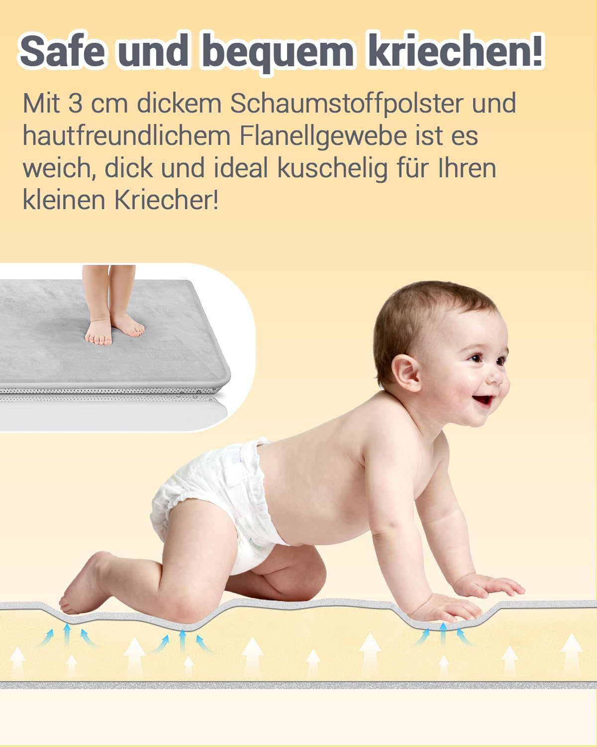 Detalle 2 de Favodormir Dicke Krabbelmatte Baby 150×180×3 cm (3 cm Schaum, rutschfeste Unterseite) – Grau