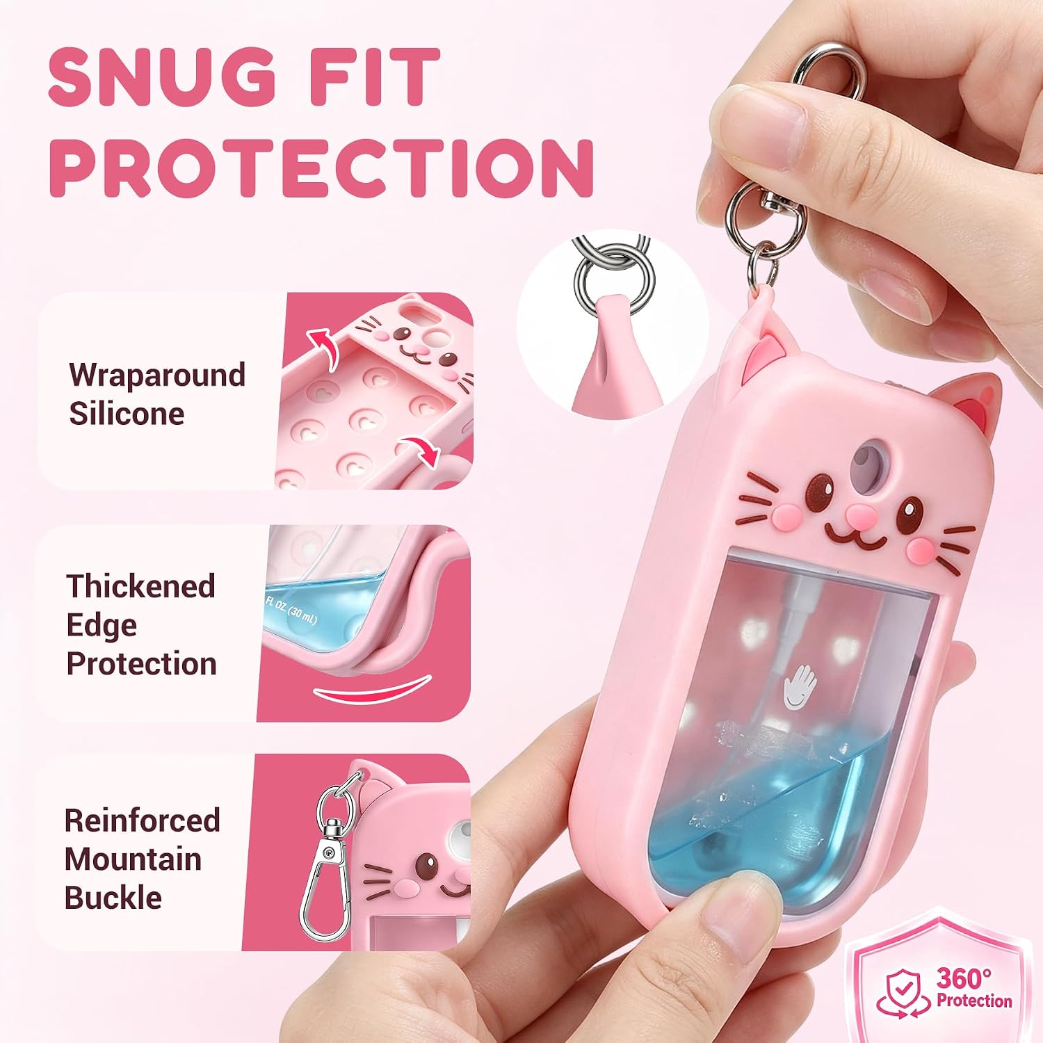 Detalle 1 de YENMOP Pink Silicone Hand Sanitizer Case for Touchland Power Mist with Keychain