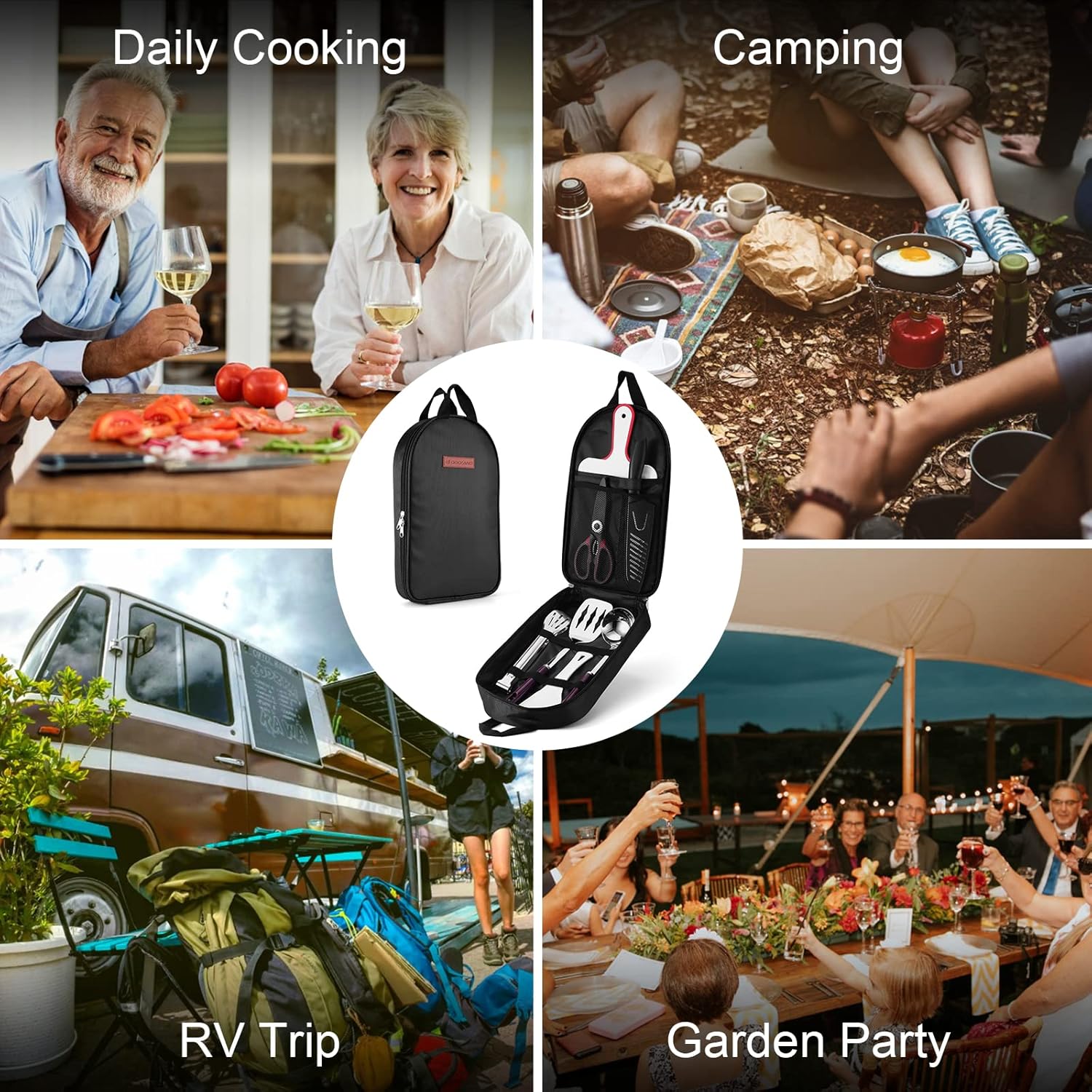 Thumbnail 6 de Odoland Set d’ustensiles de cuisine camping 8 en 1 avec sac de rangement