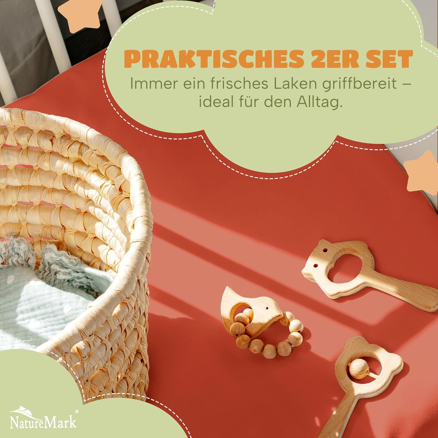 Thumbnail 3 de NatureMark Spannbettlaken 70x140 cm, 2er Set – Weiches Jersey aus 100% Baumwolle, Rost Rot