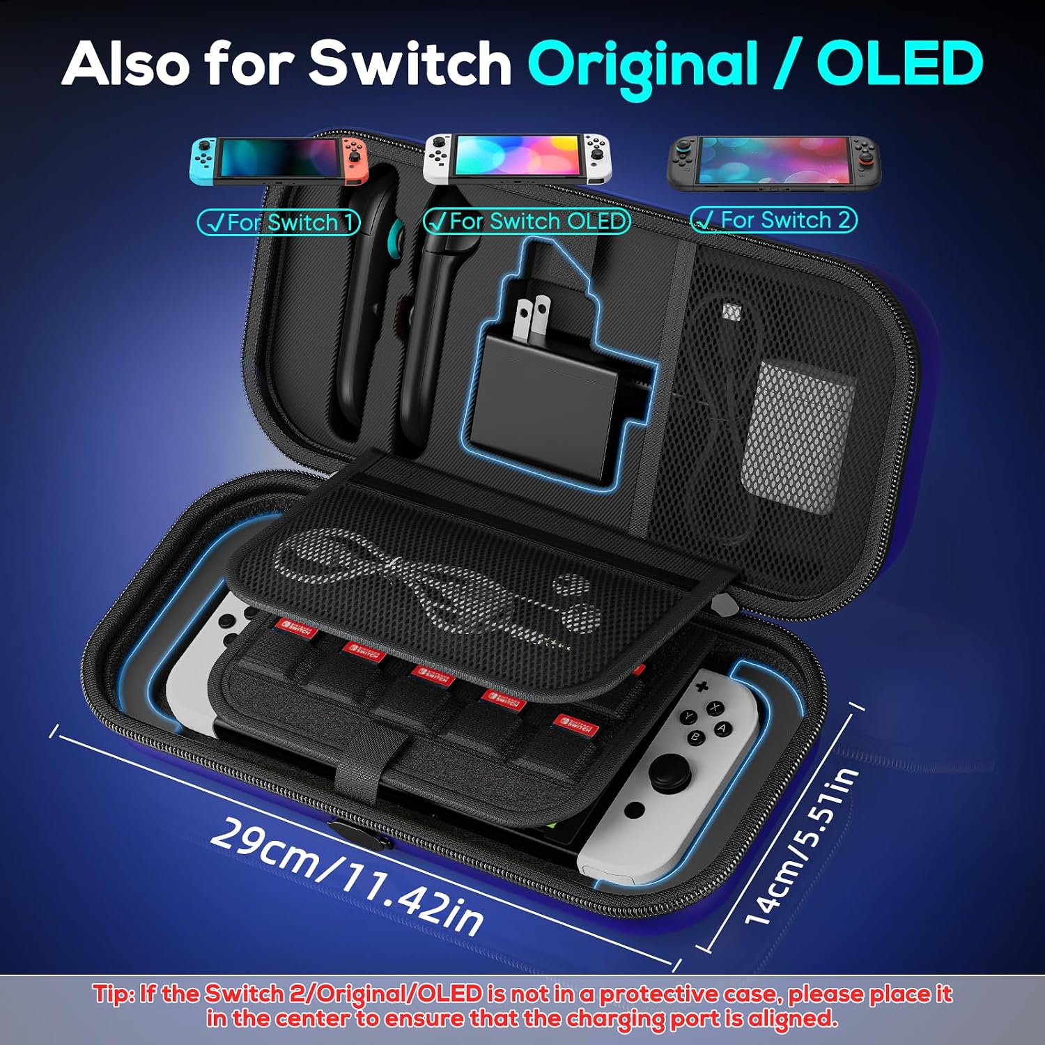 Thumbnail 5 de [Charge Inside] Hard Shell Travel Case for Nintendo Switch 2 / Switch OLED / Switch (Blue) with 22 Game Card Storage