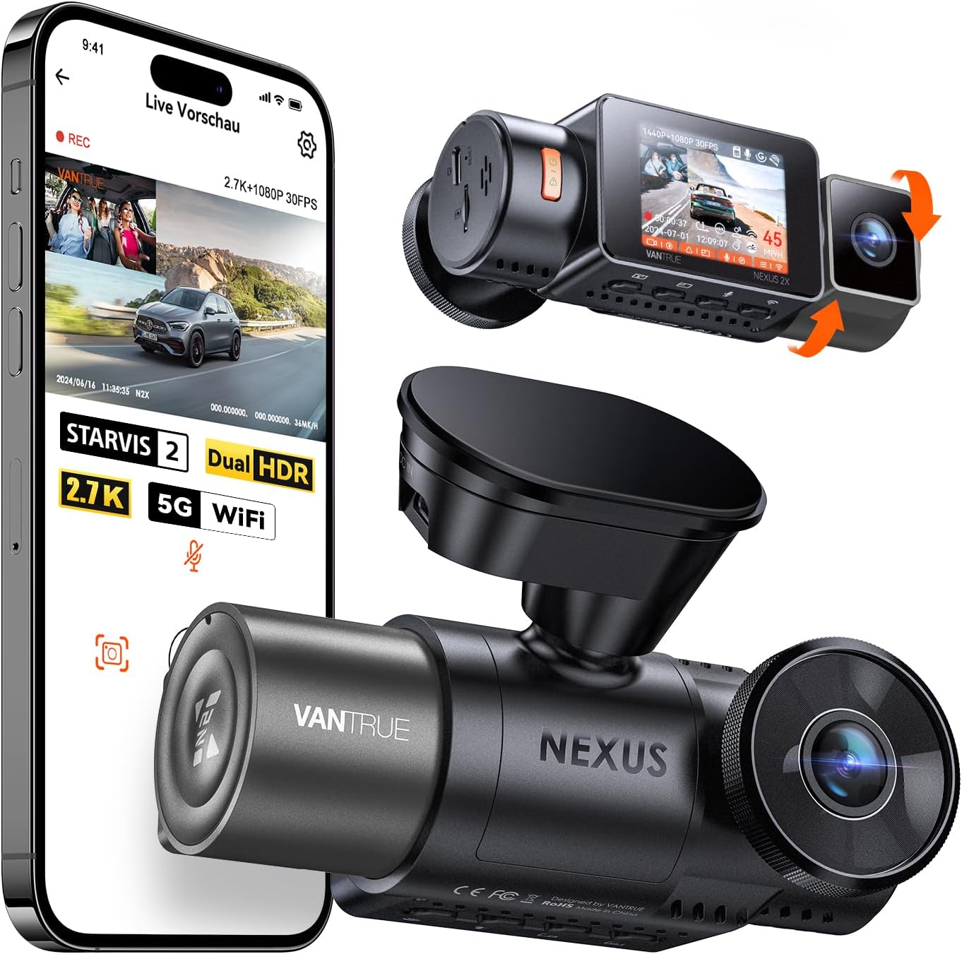 Detalle de VANTRUE N2X Dashcam 2.7K+1080P Front Innen