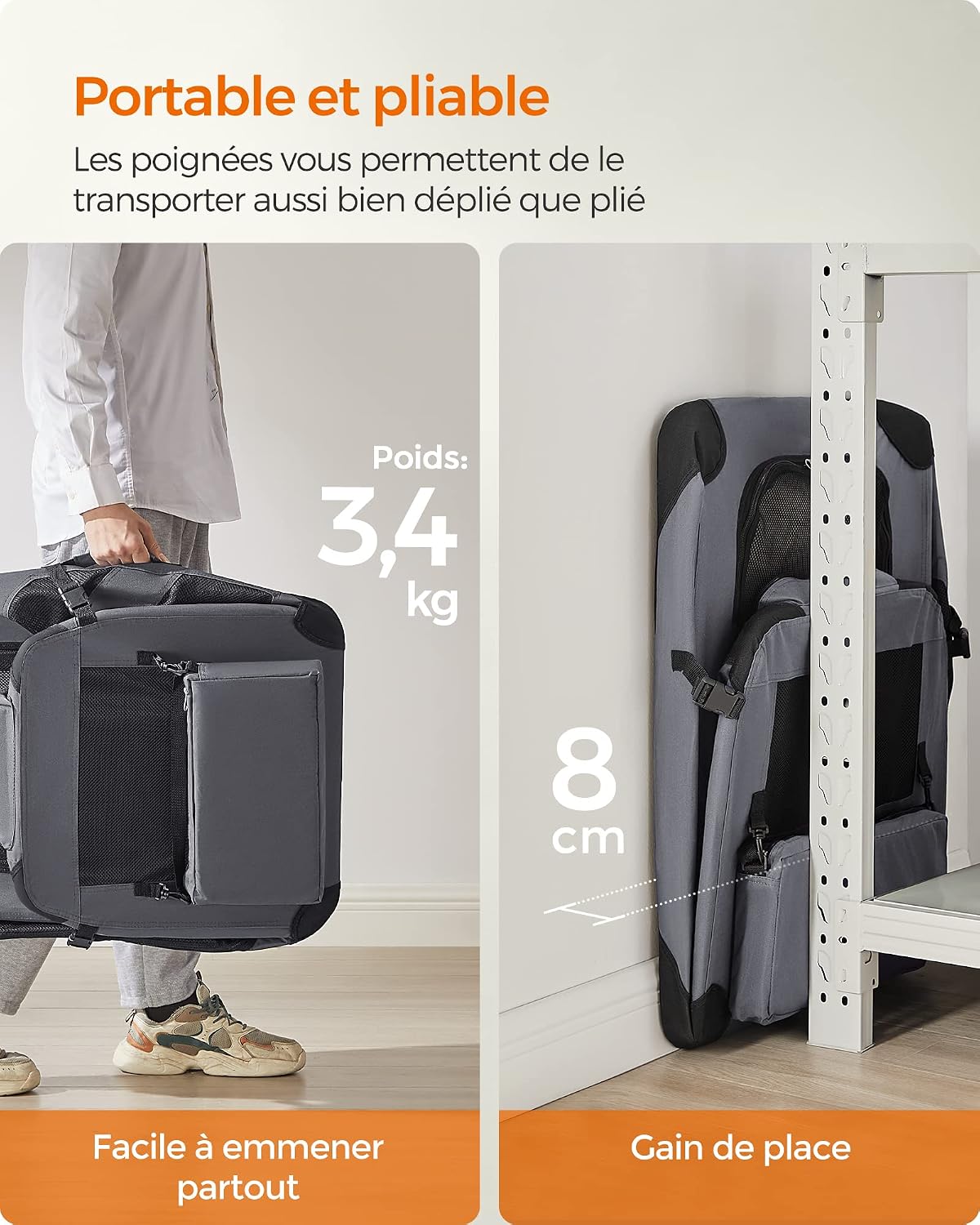 Detalle de Feandrea Sac Transport pour Chat et Chien – Caisse pliable en Oxford, cadre métal, 70 × 52 × 52 cm (Gris)