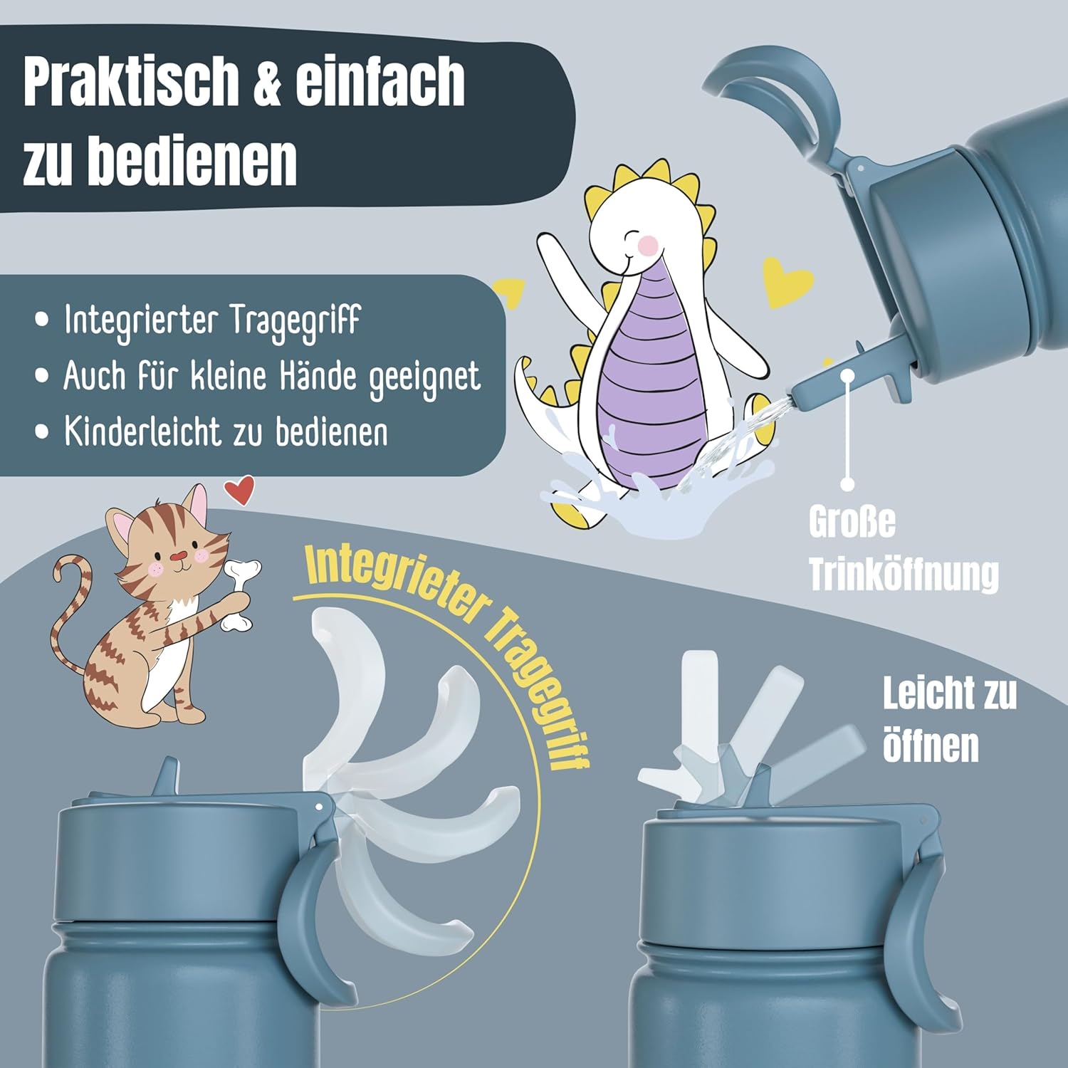Detalle de BEARFOOT Trinkflasche Kinder Edelstahl 400ml mit Strohhalm – BPA-frei, auslaufsicher, Blau (Bagger Affe)