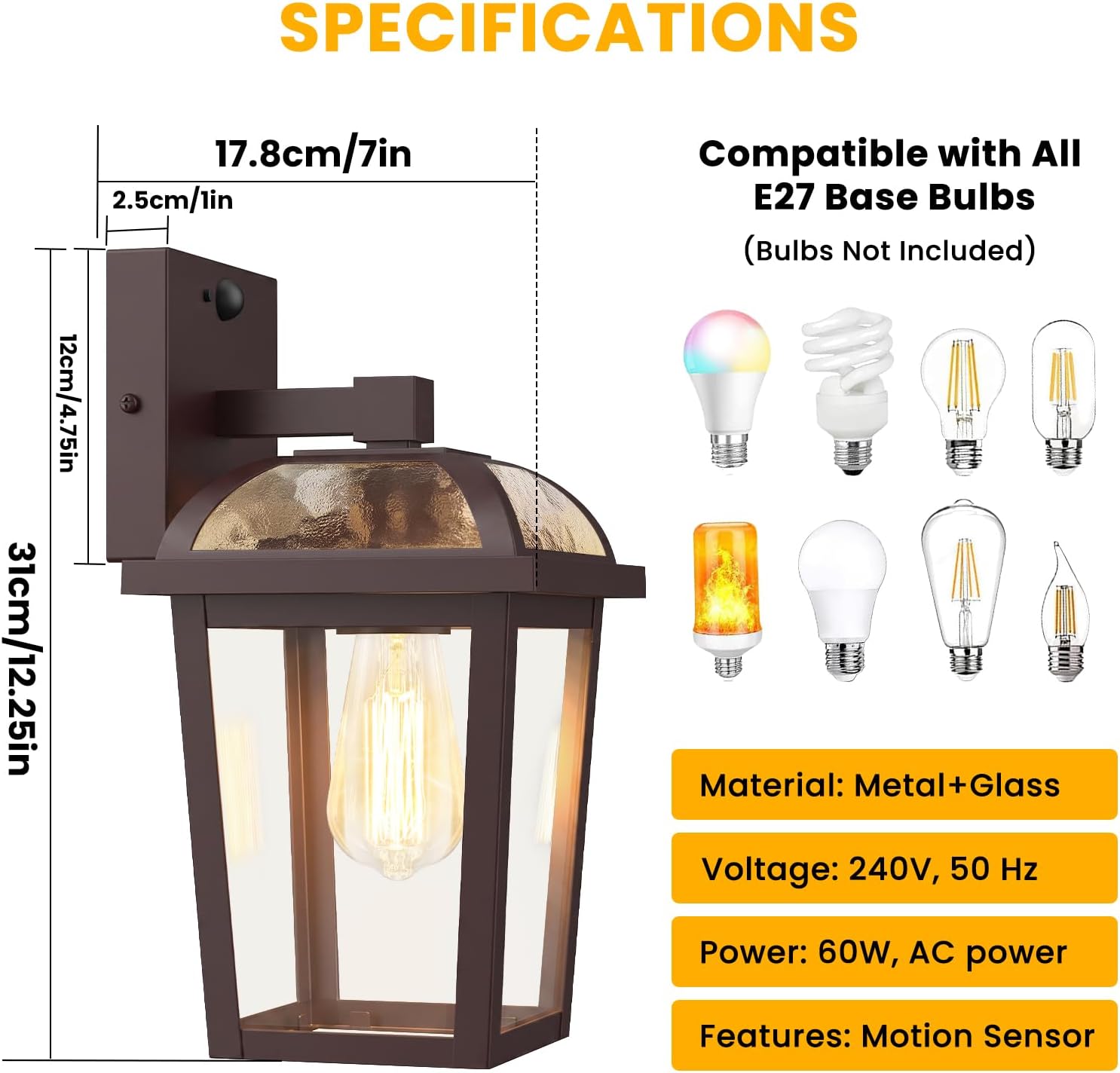 Detalle 2 de Outside Lights with Motion Sensor by OYKYOHEI: PIR Outdoor Wall Light with Dusk Till Dawn, E27 (Bulb Not Included)