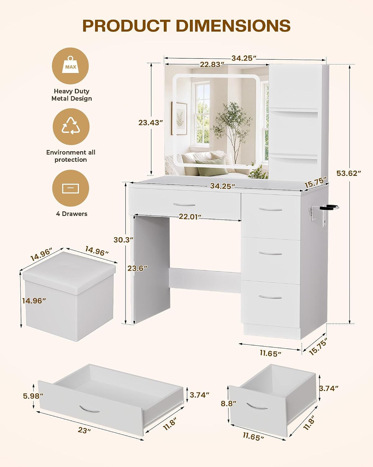 Detalle de LIVELYGLOW E124-028 White Makeup Vanity Desk with LED Mirror and 4 Drawers