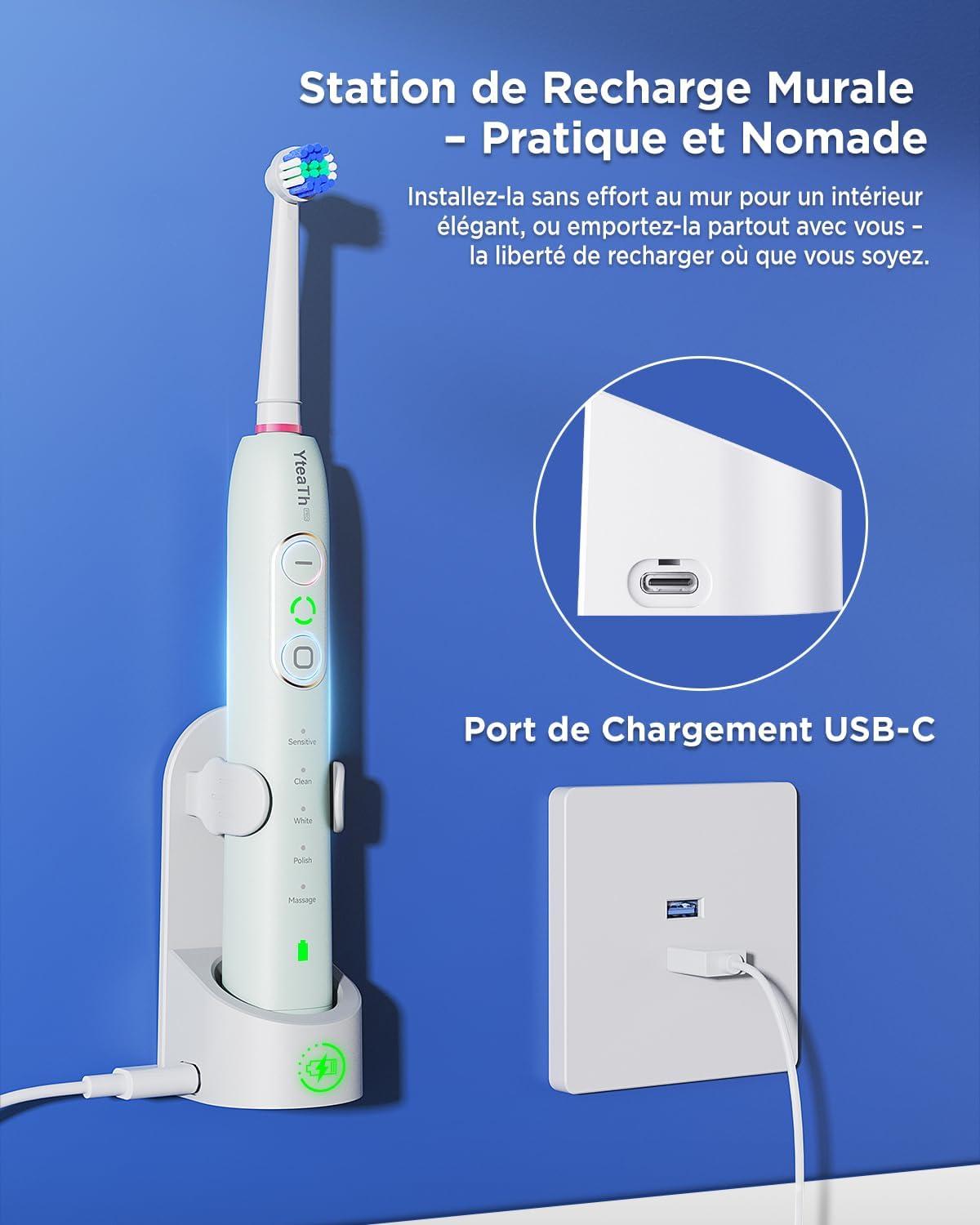 Thumbnail 6 de YTEATH PRO Brosse À Dent Électrique Rotatives — Gencives Sensibles, 8 Têtes, 5 Modes et 3 Intensités