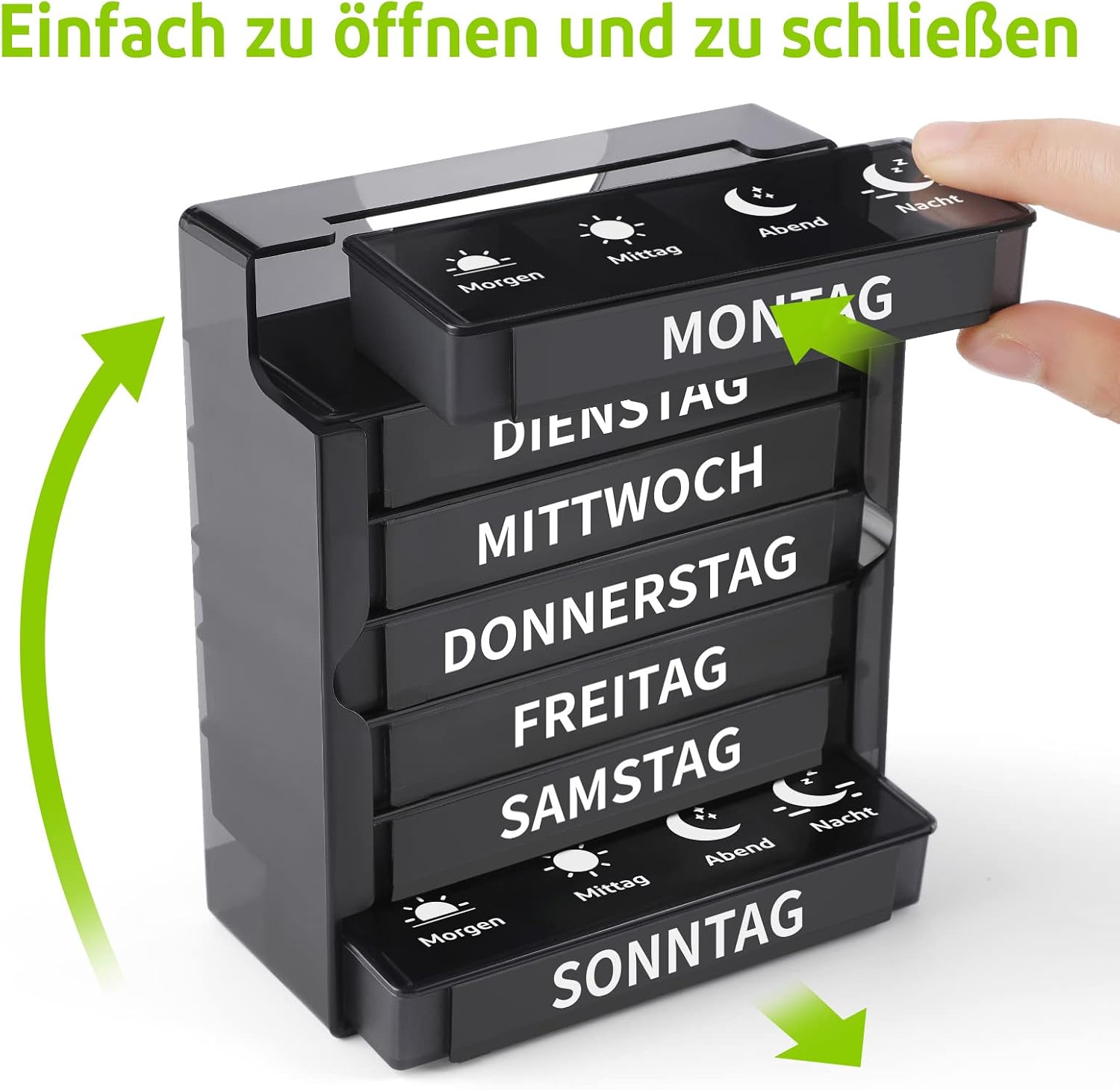 Detalle de Opret Tablettenbox 7 Tage Morgens Mittags Abends Nachts – Vier Fächer, schiebbares Design, BPA-frei
