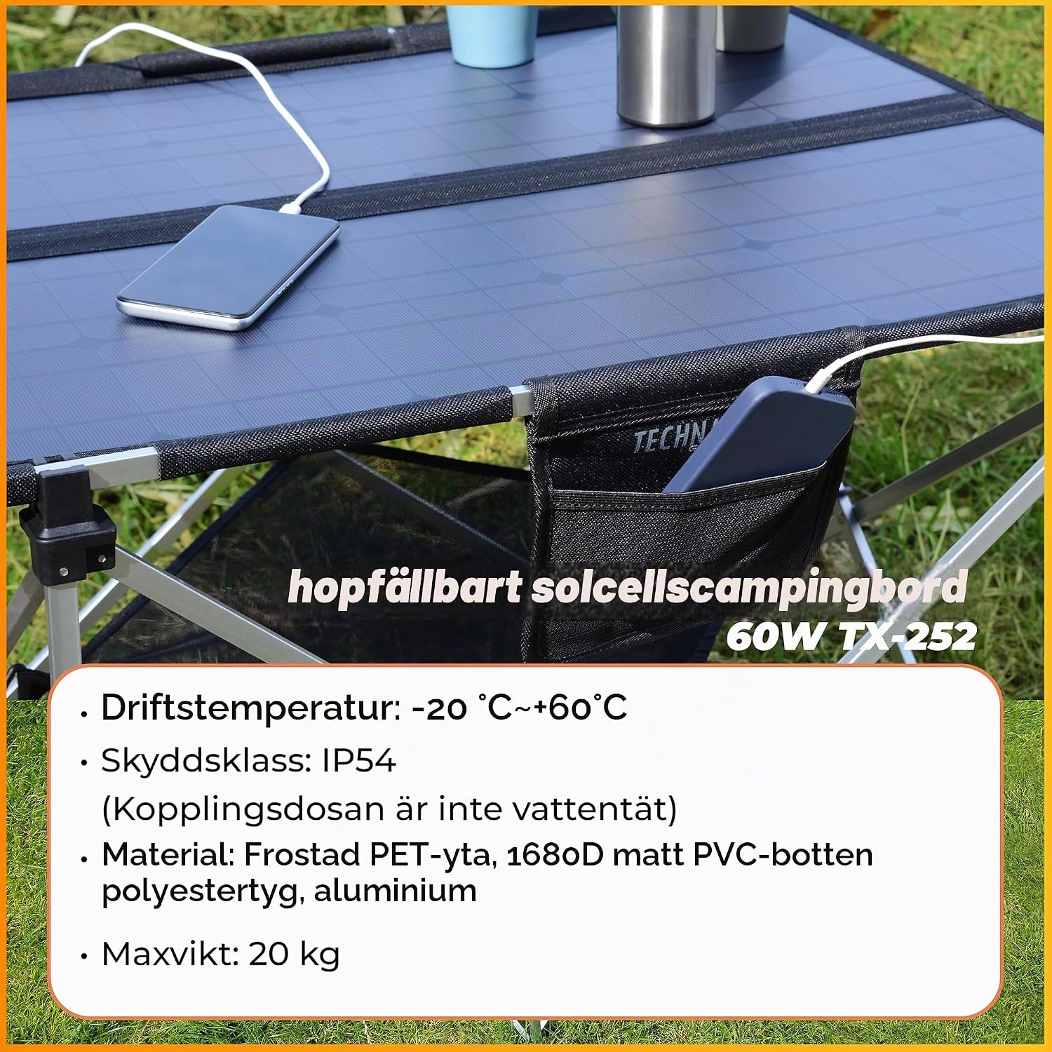 Detalle 1 de Technaxx TX-252 hopfällbart solcellscampingbord, 60 W och tre USB-portar