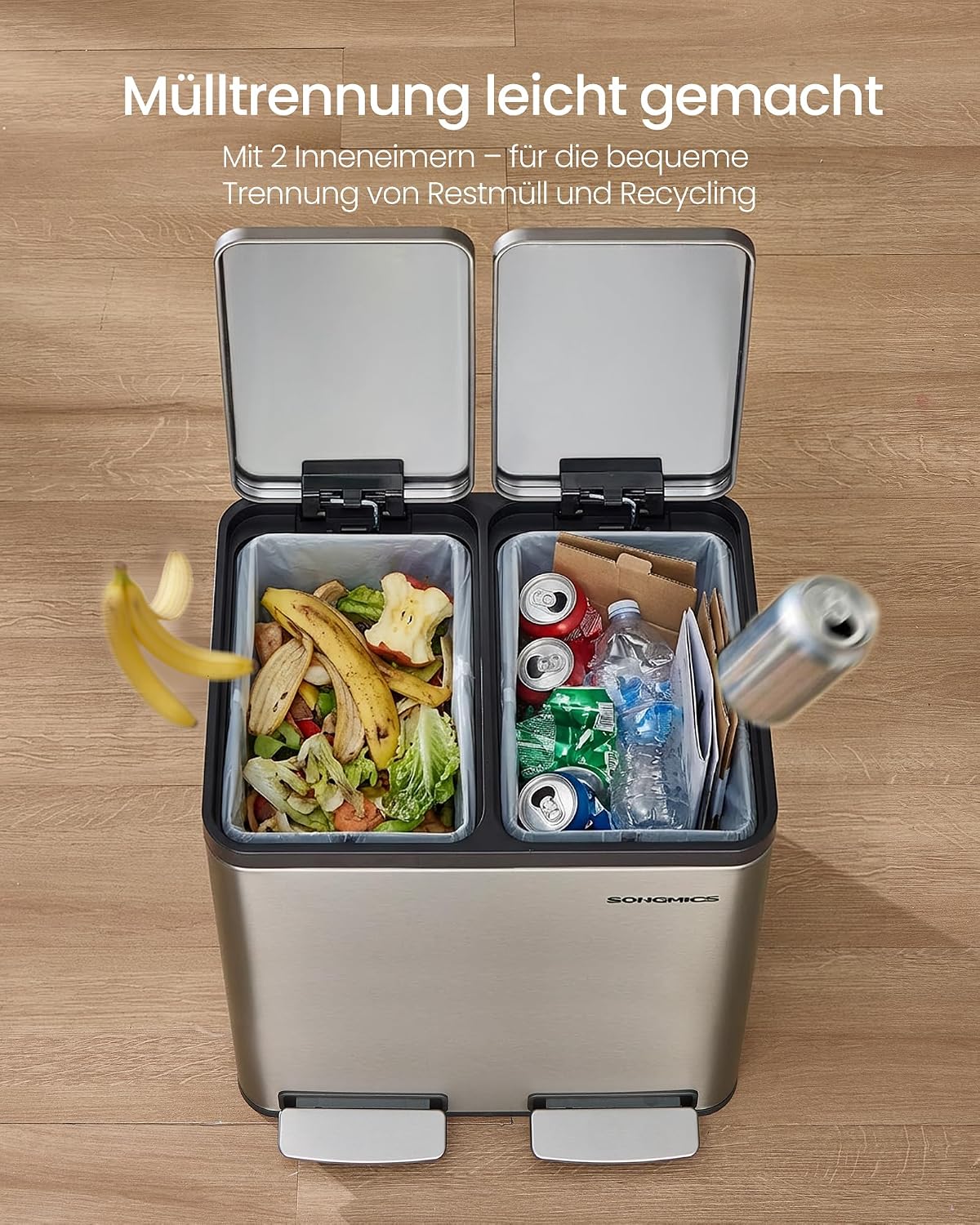 Detalle 2 de SONGMICS Mülleimer Küche LTB130EZ01 – 2 x 15 L, Mülltrennsystem, Softclose, Edelstahl