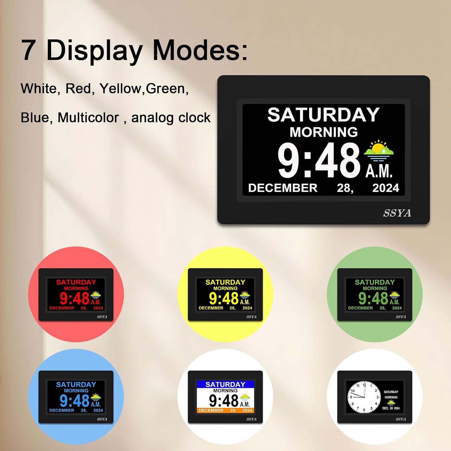 Detalle 2 de SSYA Z071 7-Inch Day Clock with 12 Alarms and Auto-Dimming Display