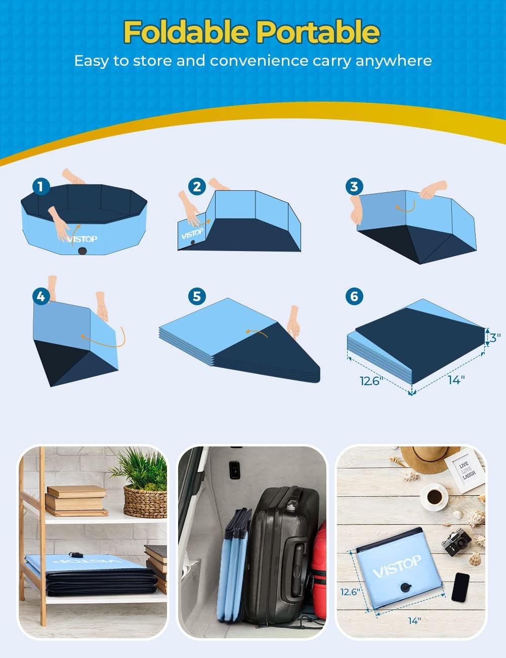 Detalle 2 de VISTOP Large Foldable Dog Pool with Hard Plastic Shell — 47in Premium Portable Splash Basin