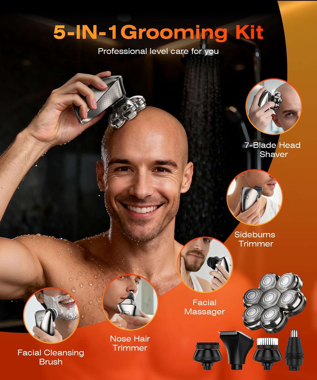 Detalle de TEPOTZ 7D Head Shavers (5-in-1) — Waterproof Wet/Dry Rotary Electric Shaver Kit for Men & Women