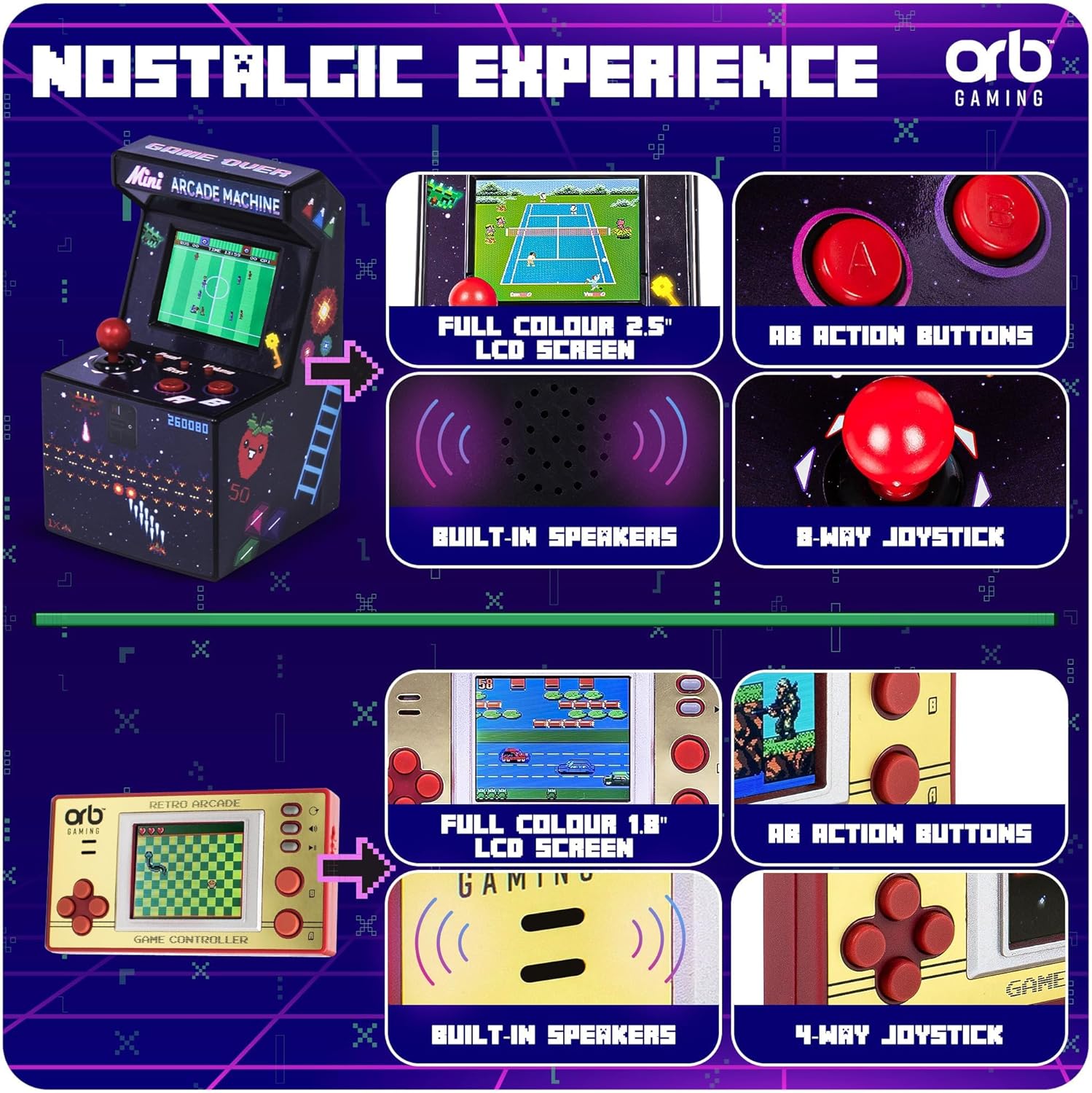 Thumbnail 3 de Orb Mini Retro Handheld Games Console & Arcade Bundle with 150 and 240 built-in games