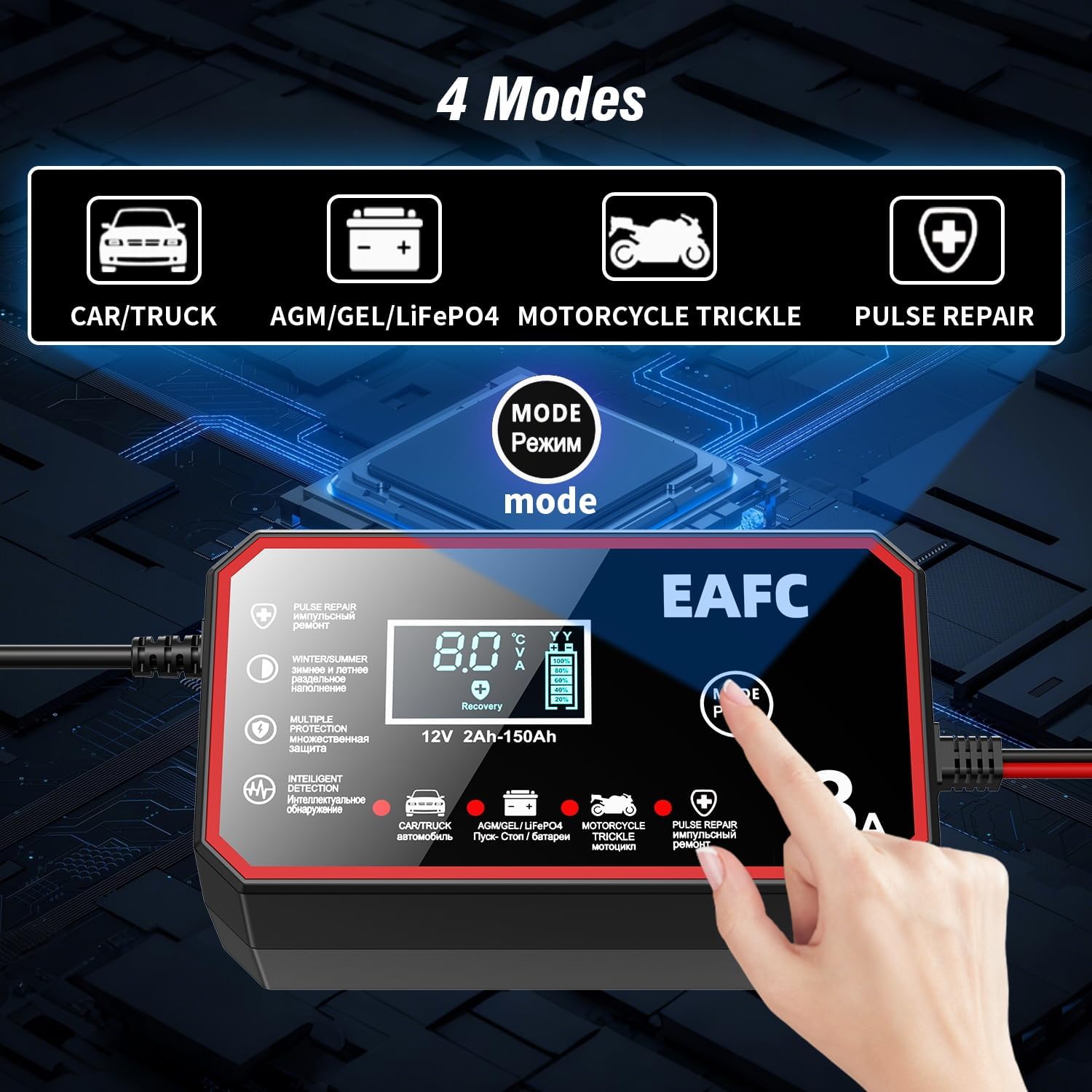 Detalle de EAFC 12V 8A Smart Car Battery Charger with Pulse Repair Mode (LCD) – AGM, GEL, WET & LiFePO4