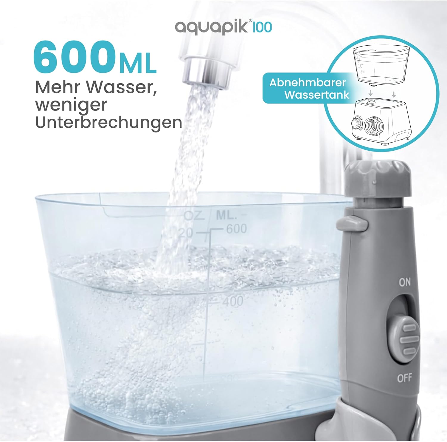 Detalle 2 de Aquapik 100 professionelle Munddusche mit 600-ml-Wassertank, 10 Druckstufen und 8 Aufsätzen, Grau