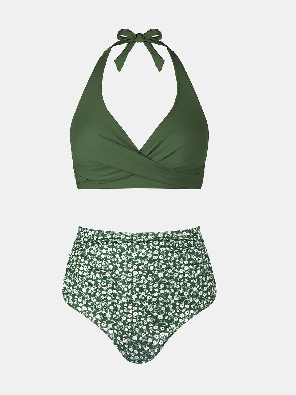 Detalle de CUPSHE Damen Bikini-Set mit Wickeloptik, Neckholder und hoher Taille (Blumenmuster)