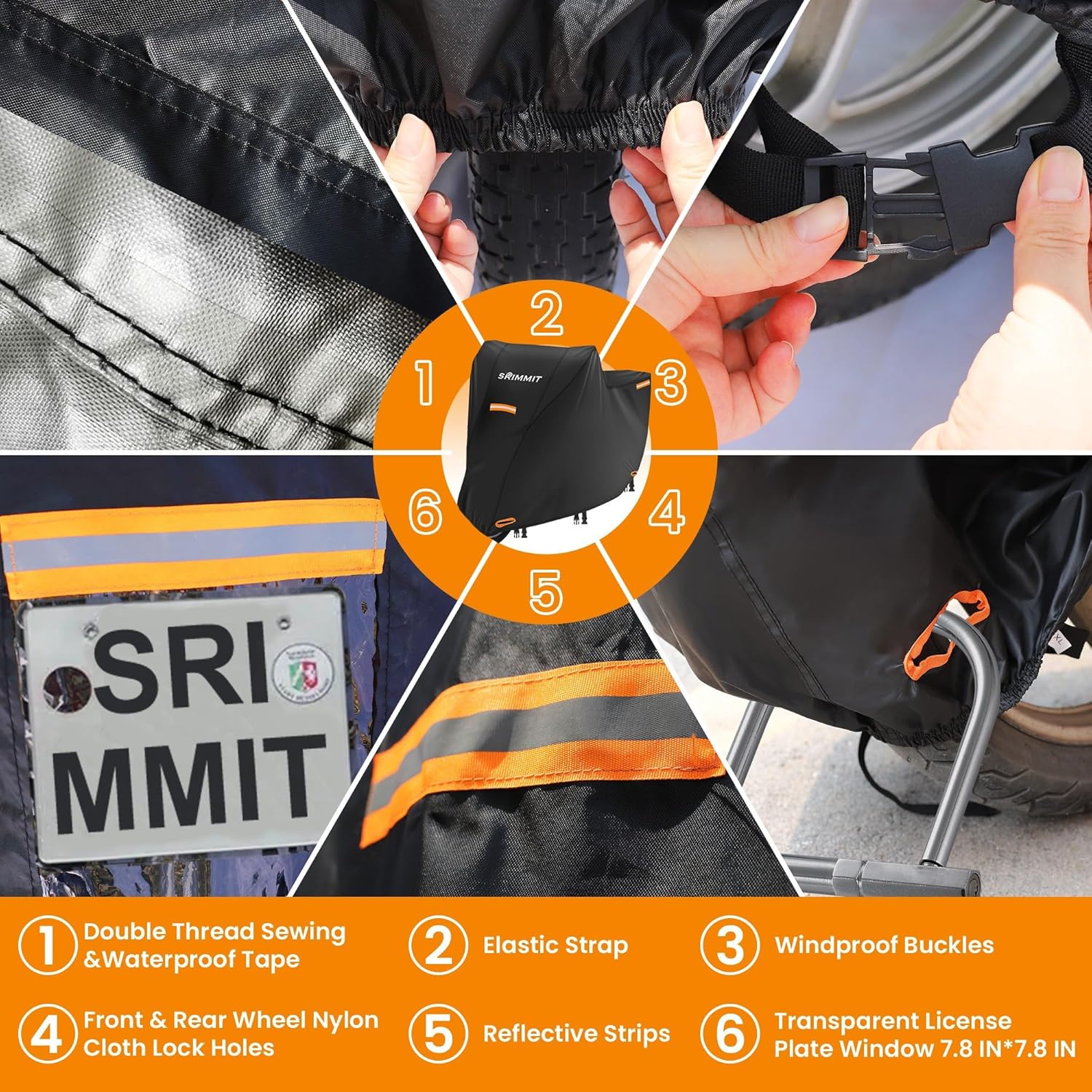Thumbnail 2 de Motorcycle Cover Heavy Duty 420D Universal Cover with UV Protection, License Plate Window and Reflective Strips (XXXL, 106" x 37" x 55")