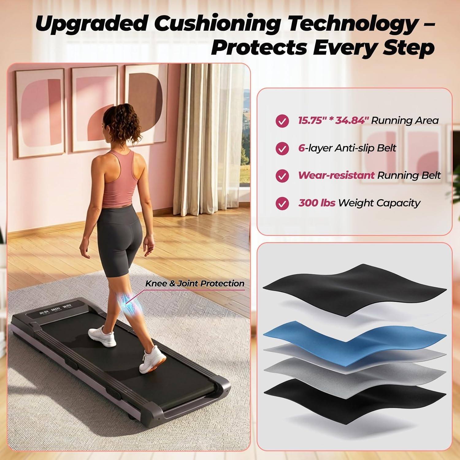 Detalle 1 de DeerRun BA07R2 Walking Pad Treadmill, 9% Auto Incline, Pink