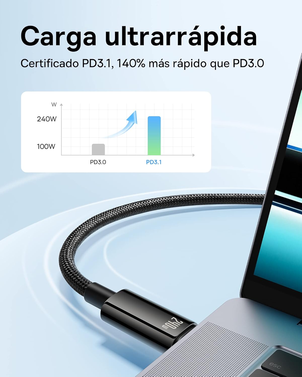 Thumbnail 2 de Baseus Cable Nylon USB C 240W - Carga Rápida ⚡